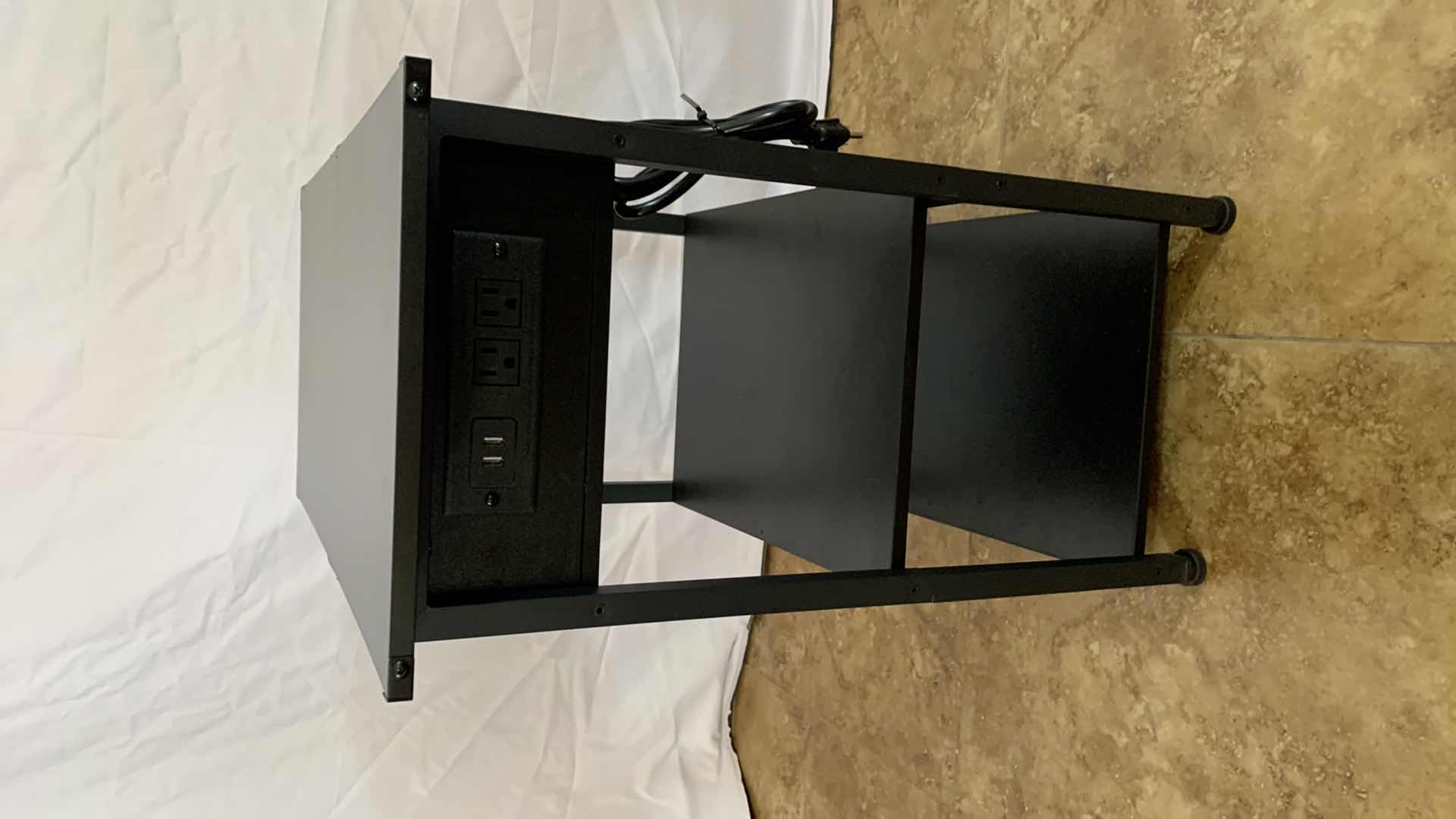 Photo 1 of METAL AND WOODEN NARROW END TABLE WITH SHELF WITH USB CHARGING STATION AND ELECTRICAL OUTLETS 12” X 12” H 24”