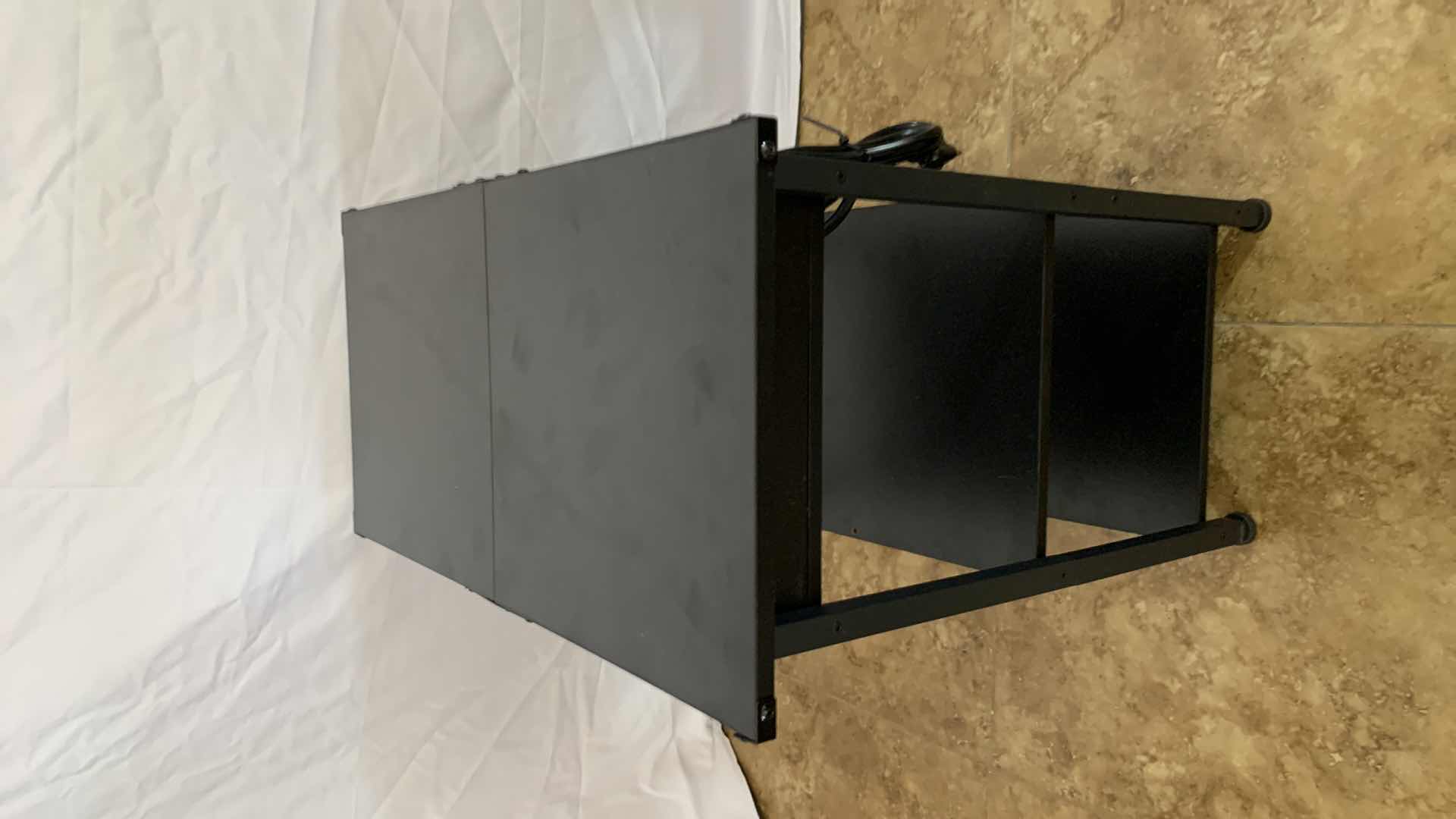 Photo 1 of METAL AND WOODEN NARROW END TABLE WITH SHELF WITH USB CHARGING STATION AND ELECTRICAL OUTLETS 12” X 12” H 24”