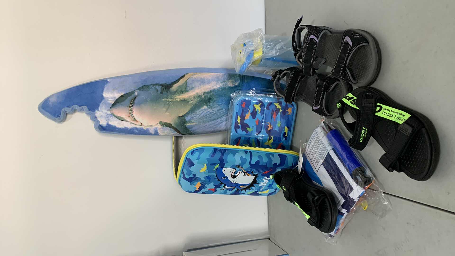 Photo 1 of KIDS SANDALS, SHARK LUNCH BOX AND POOL FLOATS