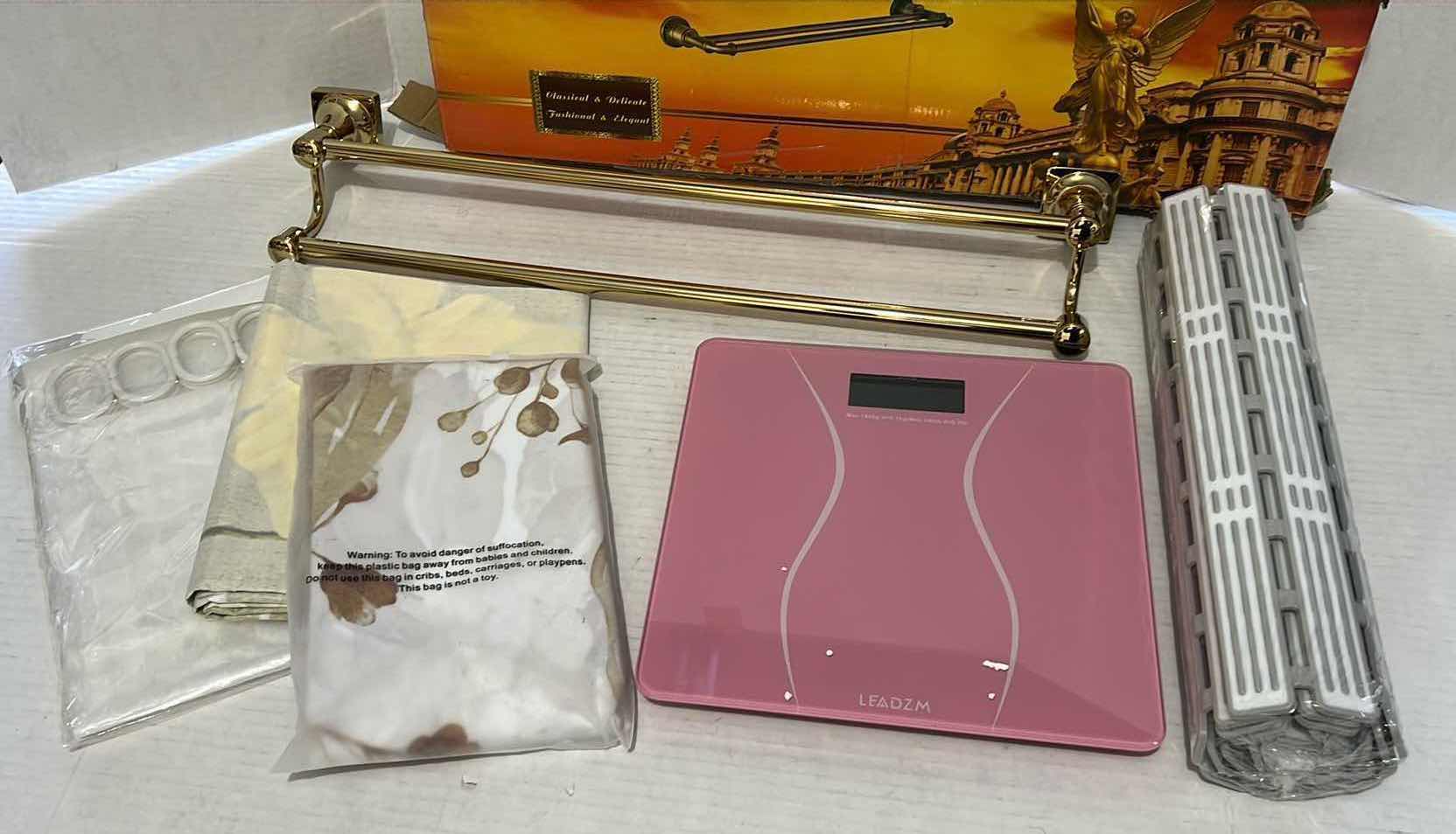 Photo 1 of BATHROOM ACCESSORIES: SCALE, SHOWER CURTAINS, LINER, BATH MAT, TOWEL BAR