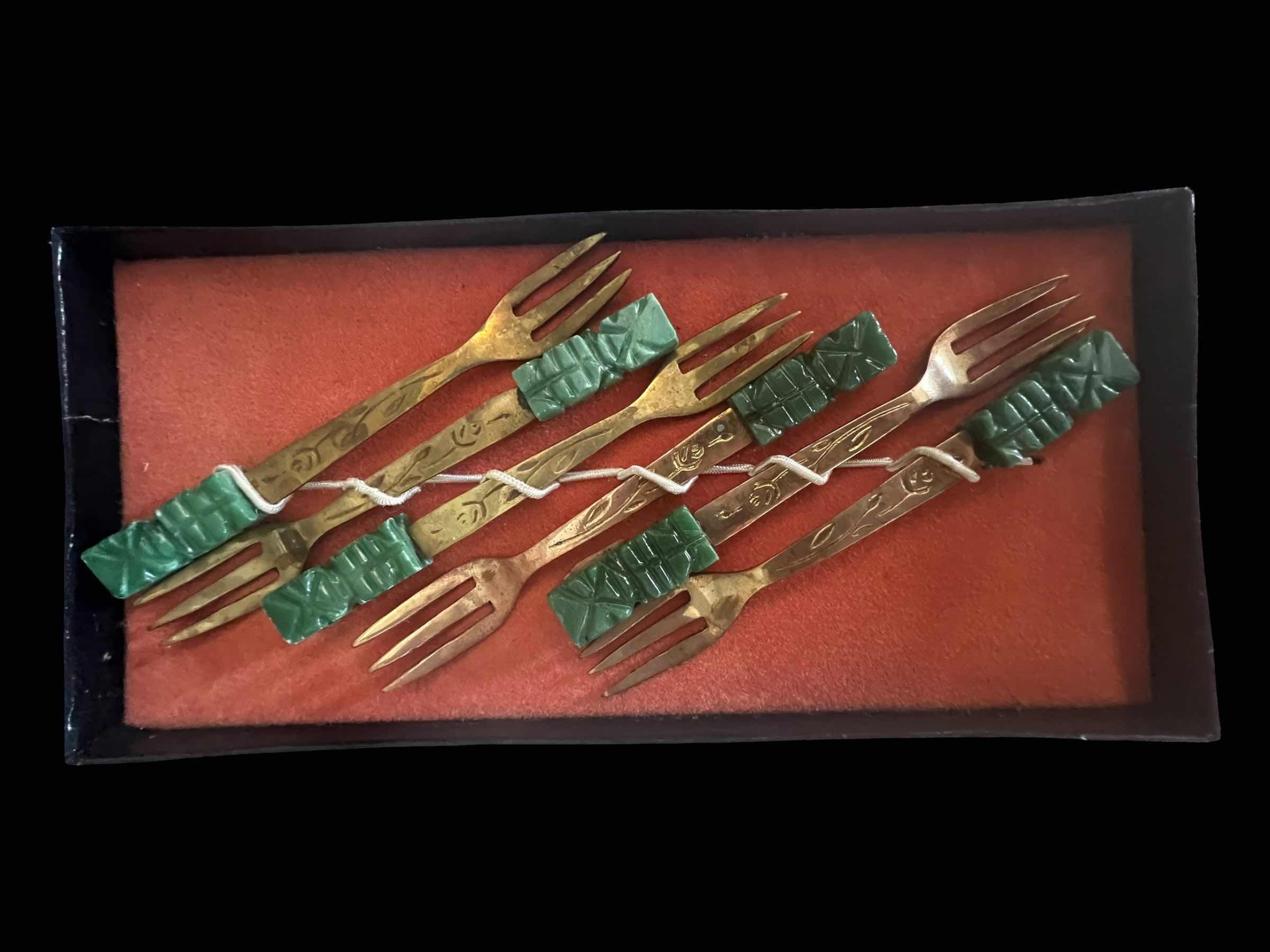 Photo 3 of 6-VINTAGE JADE AND SILVER AZTEC COCKTAIL FORKS.