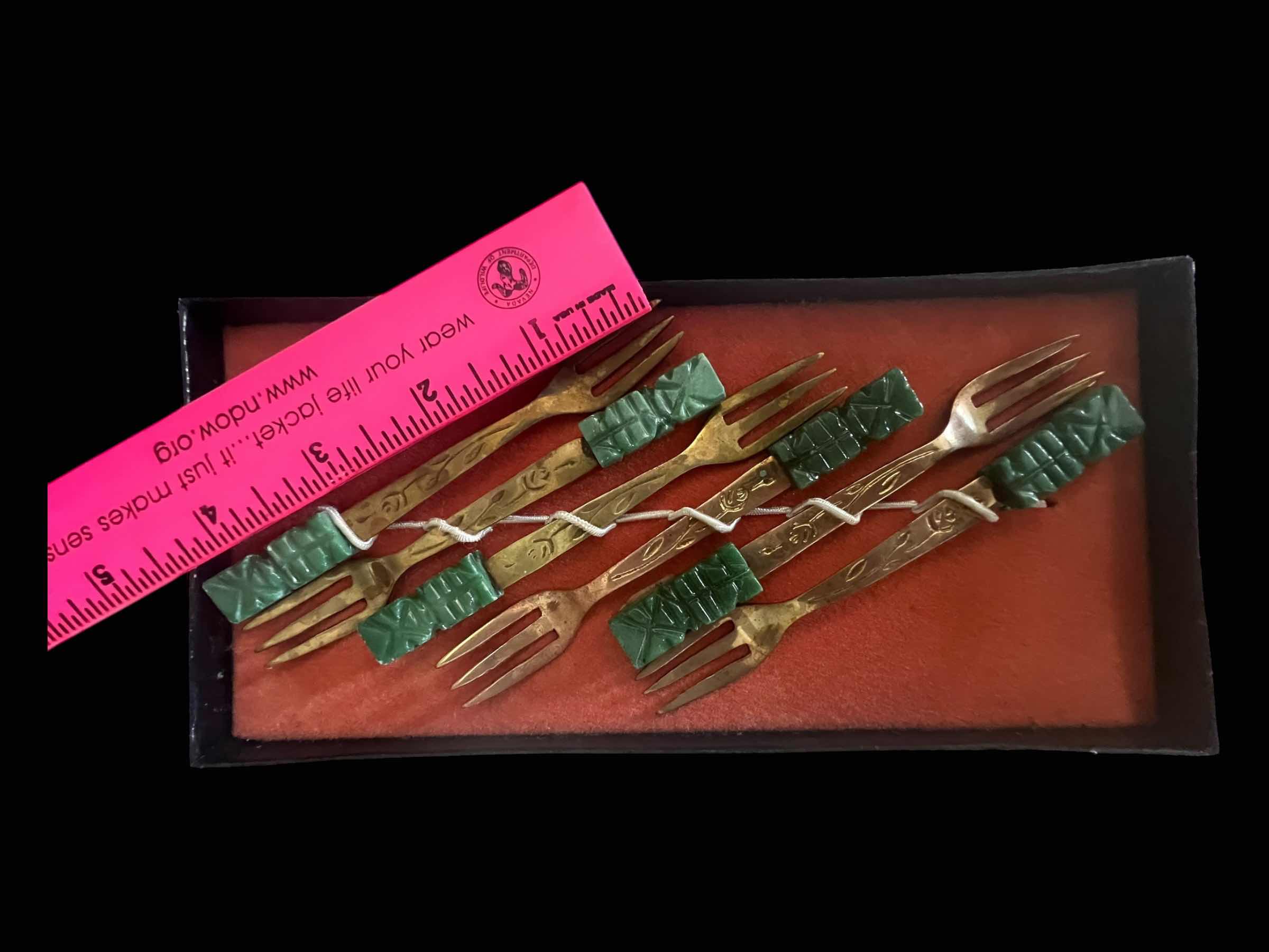 Photo 1 of 6-VINTAGE JADE AND SILVER AZTEC COCKTAIL FORKS.