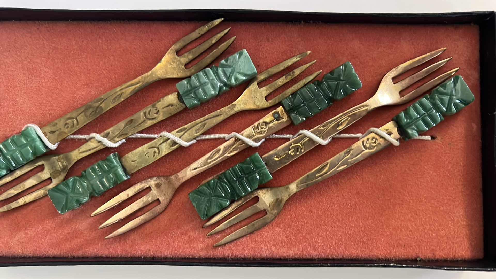 Photo 1 of 6-VINTAGE JADE AND SILVER AZTEC COCKTAIL FORKS.
