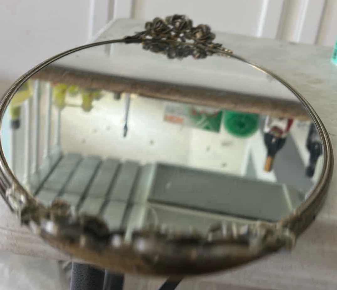 Photo 1 of VINTAGE STYLE BUILT MIRROR, CAN BE USED AS JEWELRY TRAY. ORNATE STAMPED HANDLES-16" OVAL.