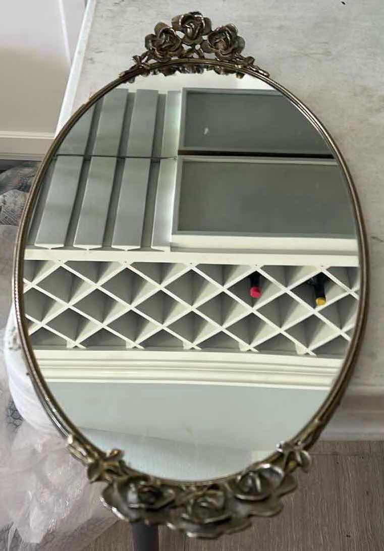Photo 1 of VINTAGE STYLE BUILT MIRROR, CAN BE USED AS JEWELRY TRAY. ORNATE STAMPED HANDLES-16" OVAL.