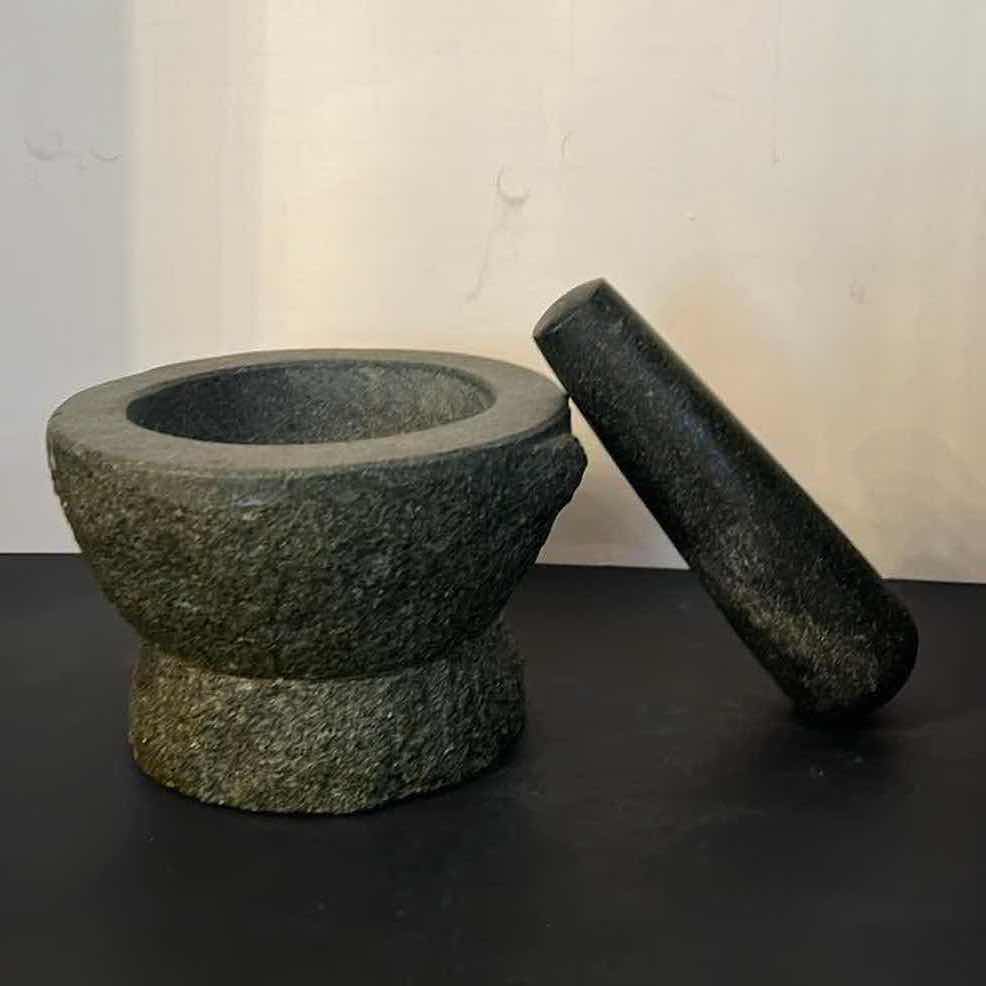 Photo 2 of AUTHENTIC VINTAGE 1960’S STONE MOLCAJETE MORTAR AND PESTLE. 7” X 7”. 