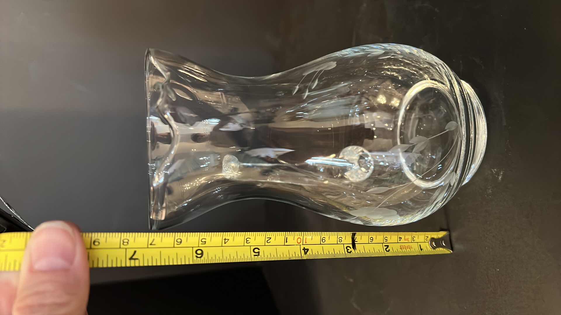 Photo 1 of VINTAGE-6.75”H FLORAL ETCHED GLASS PITCHER.