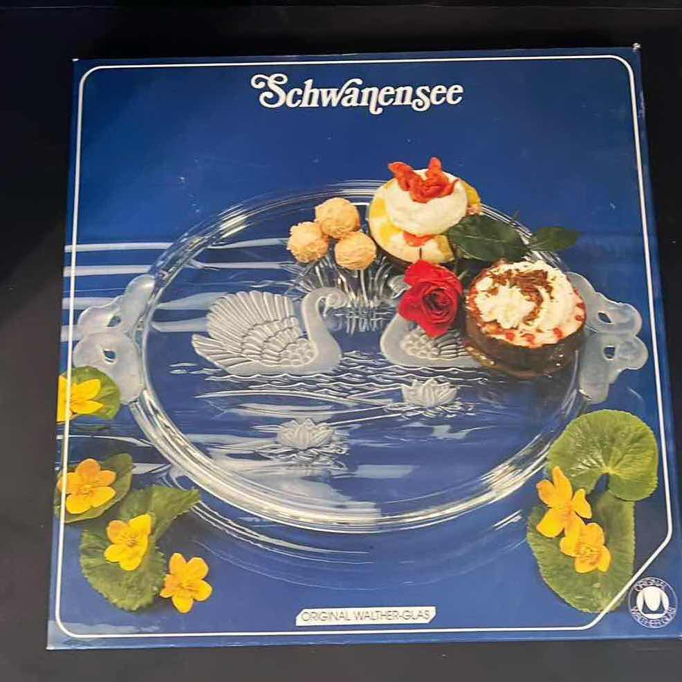Photo 1 of NEW IN BOX-VINTAGE 15” GLASS SCHWANENSEE CAKE PLATE MADE IN GERMANY.