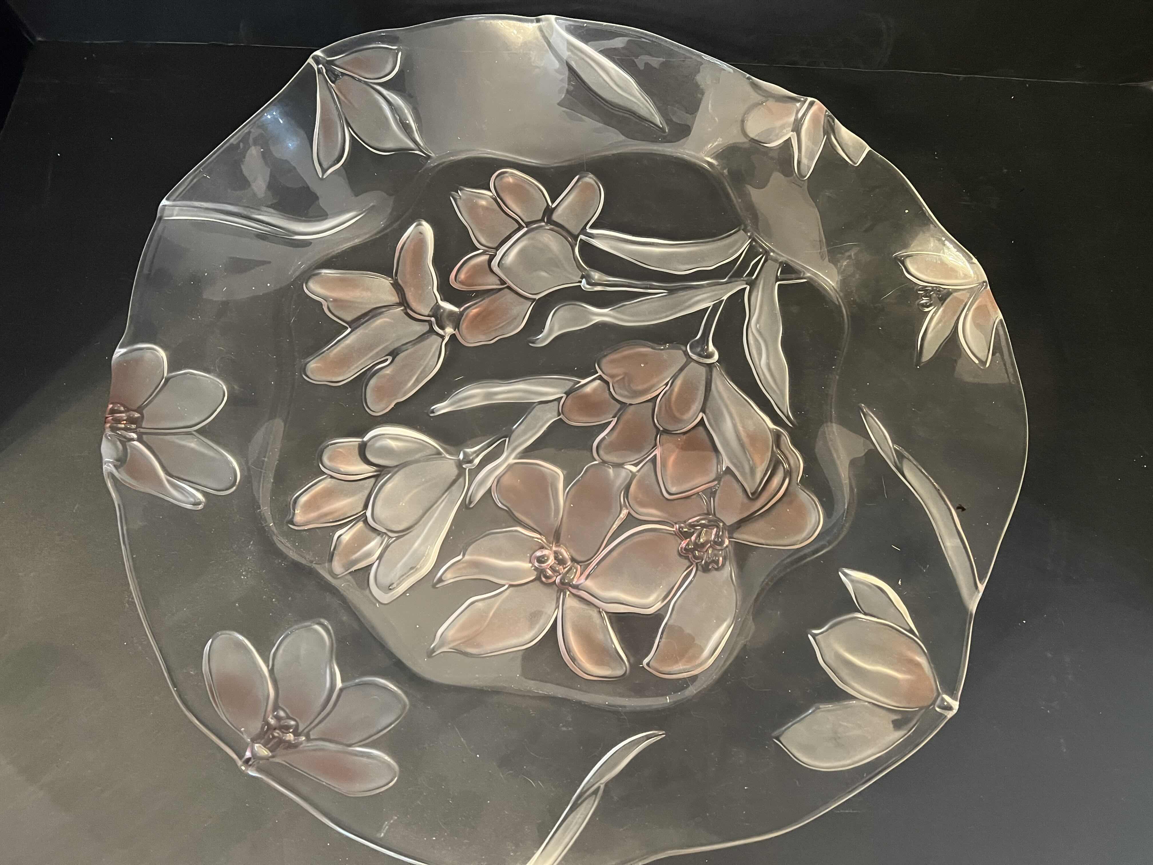 Photo 1 of 16” GLASS DECORATIVE SERVING-PLATTER. HOME DECOR. TRANSPARENT WITH PINK FLORAL ETCHING.