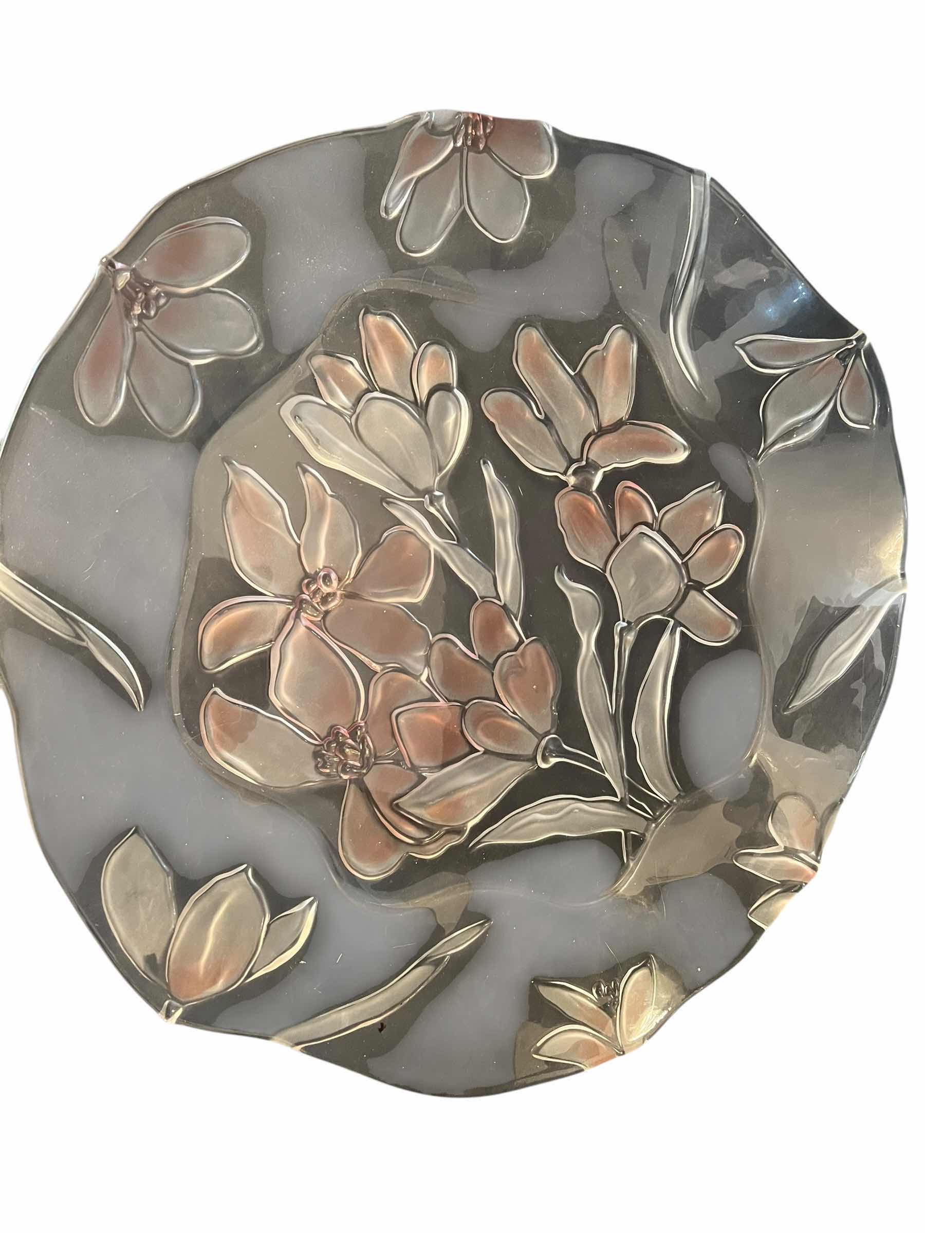 Photo 2 of 16” GLASS DECORATIVE SERVING-PLATTER. HOME DECOR. TRANSPARENT WITH PINK FLORAL ETCHING.