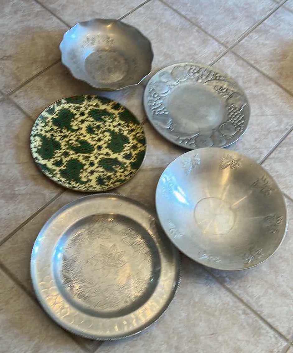 Photo 2 of 6-SERVING ALUMINUM AND LIGHT PLASTIC SERVING PLATTERS LARGEST IS 15”.