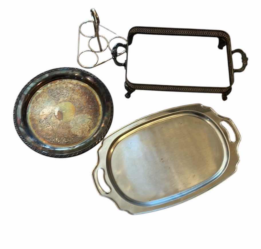 Photo 1 of ASSORTED SERVING TRAYS AND SILVER PLATED CHAFFING DISH HOLDER