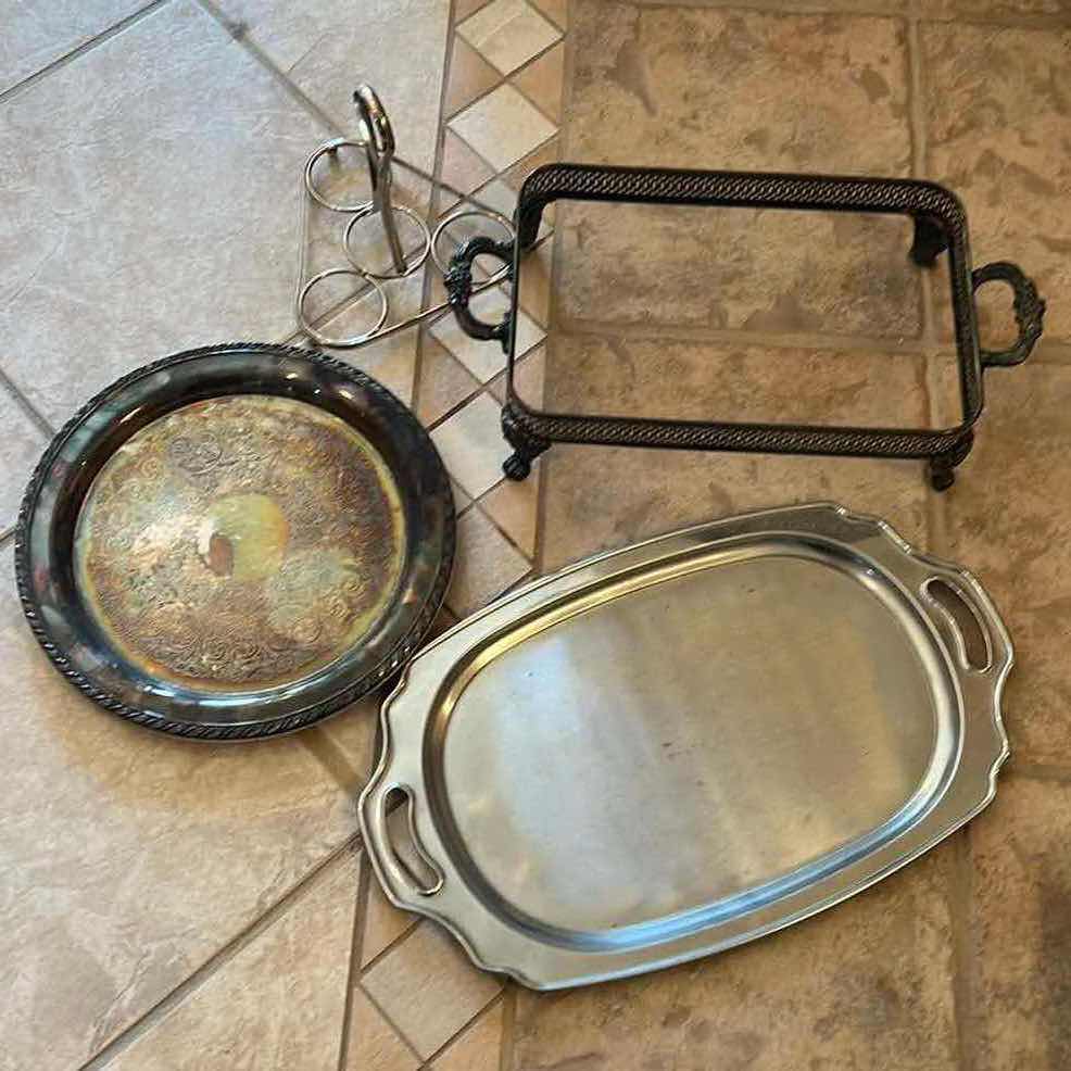 Photo 2 of ASSORTED SERVING TRAYS AND SILVER PLATED CHAFFING DISH HOLDER