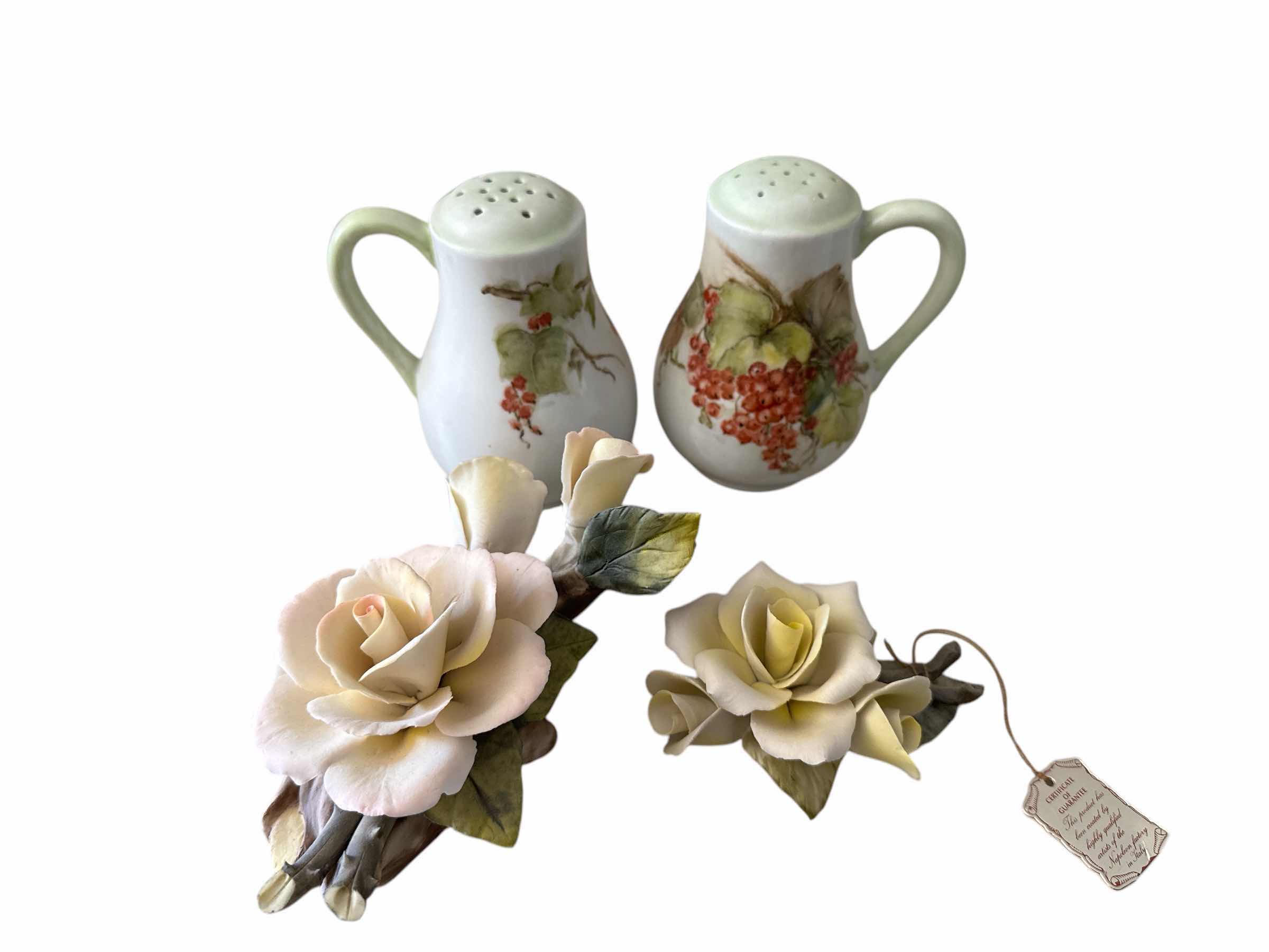 Photo 1 of 4 ITEMS, 2 PORCELAIN FLOWERS & SALT & PEPPER SHAKER