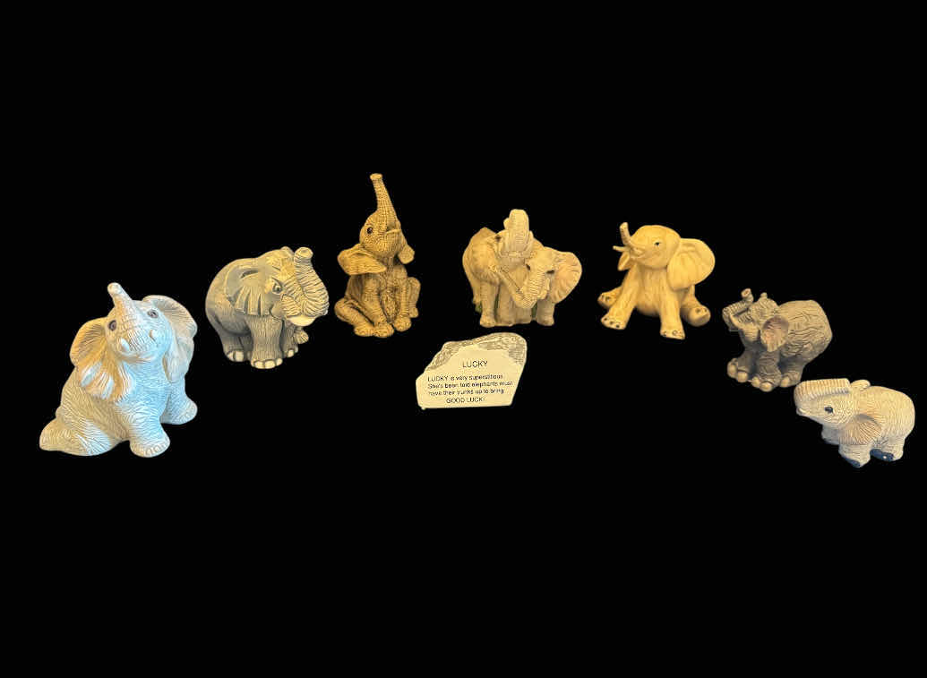 Photo 1 of COLLECTION OF ELEPHANTS WITH LUCKY STONE, RESIGN AND CERAMIC, 8 ITEMS

3.5” X H4”
4.5” X H4”
2.5” X H4.5”
3.5” X H3.5”
4.5” X H4”
3”  X H2.5”
3” X H2”

STONE
3” X H1.5”