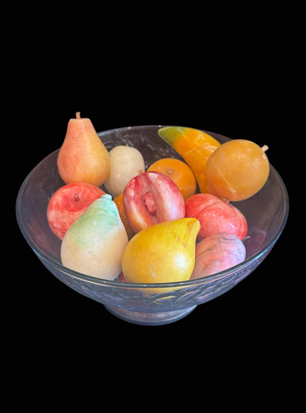 Photo 1 of VINTAGE CRYSTAL FRUIT BOWL WITH SILVER BASE AND ASSORTED CRYSTAL GEMSTONE FRUIT
D10” X H6”