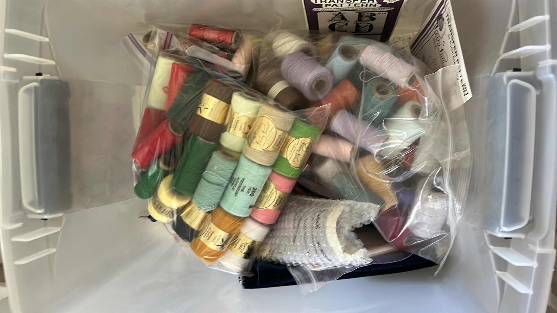 Photo 1 of 3-PLASTIC CONTAINERS PILLOW FILLER ACRYLIC THREAD