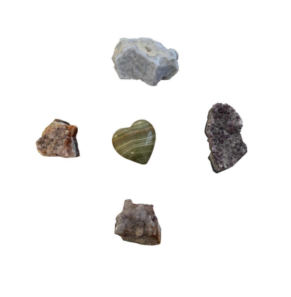 Photo 1 of 5- GEMSTONES, CRYSTALS, AMETHYST, GREEN CALCITE ONYX, BLUE LACE AGATE

HEART SHAPED STONE
H3”
 BLUE LACE AGATE
H5”