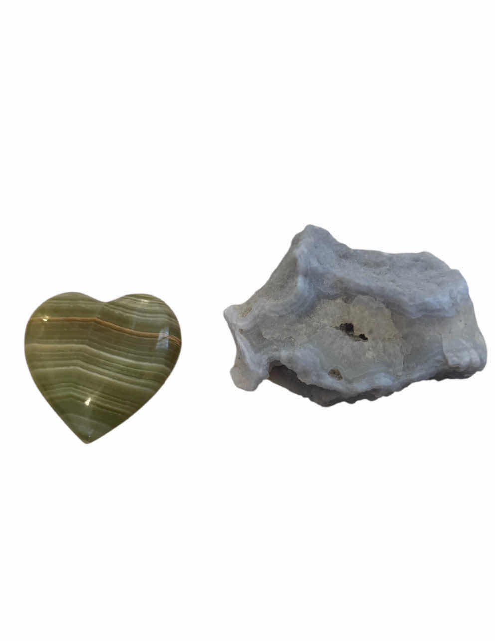 Photo 1 of 5- GEMSTONES, CRYSTALS, AMETHYST, GREEN CALCITE ONYX, BLUE LACE AGATE

HEART SHAPED STONE
H3”
 BLUE LACE AGATE
H5”