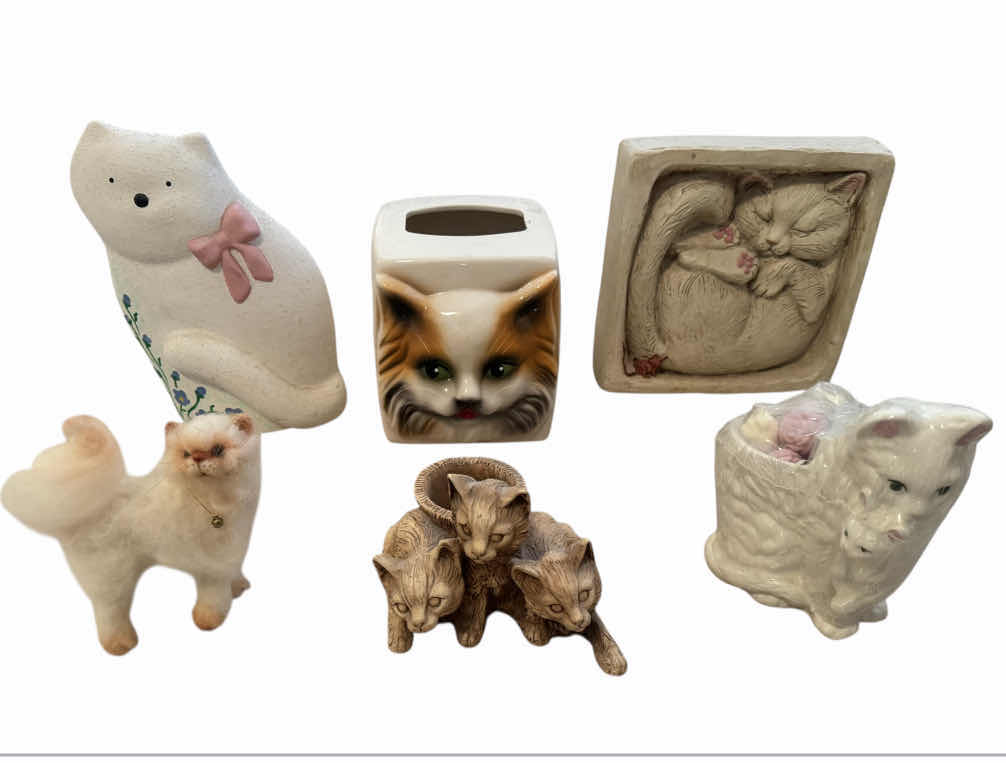 Photo 1 of 6-CAT HOME DECOR, HOME ESSENTIALS, TISSUE BOX COVER, CAT CANDLE HOLDER, HANDMADE CAT FIGURE, CERAMIC CAT FIGURES, CAT RESIN FRAME TISSUE BOX COVER 5” X 5” X H6” RESIN CAT FRAME  8” X 8” X H2”.