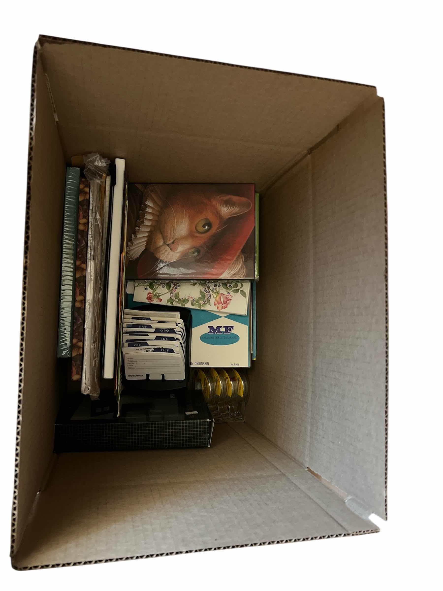 Photo 1 of BOX OF OFFICE SUPPLIES - NOTE BOOKS, SPECIALTY PAPER AND MORE
