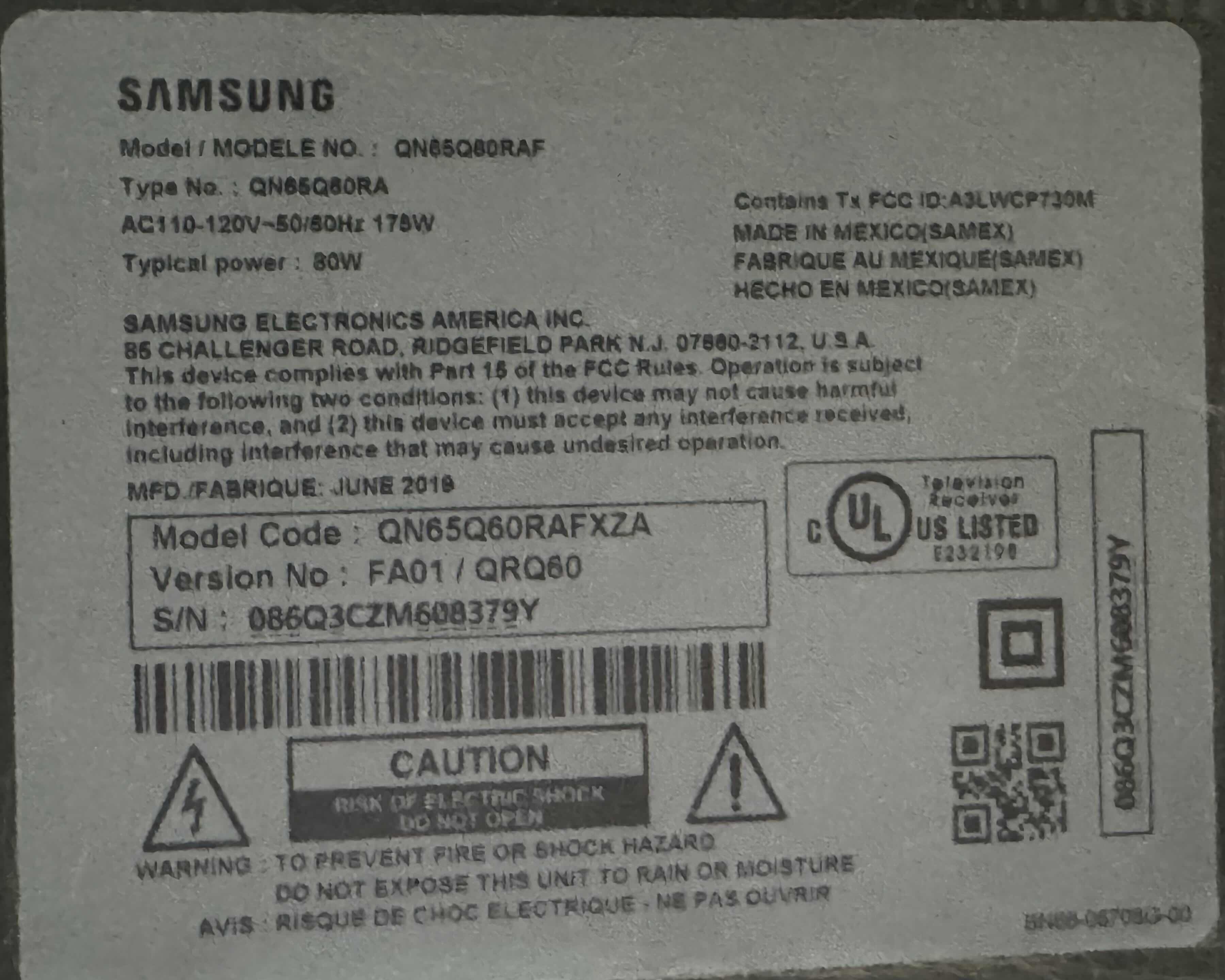 Photo 1 of 56” SAMSUNG TV MODEL NO. QN65Q60RAF