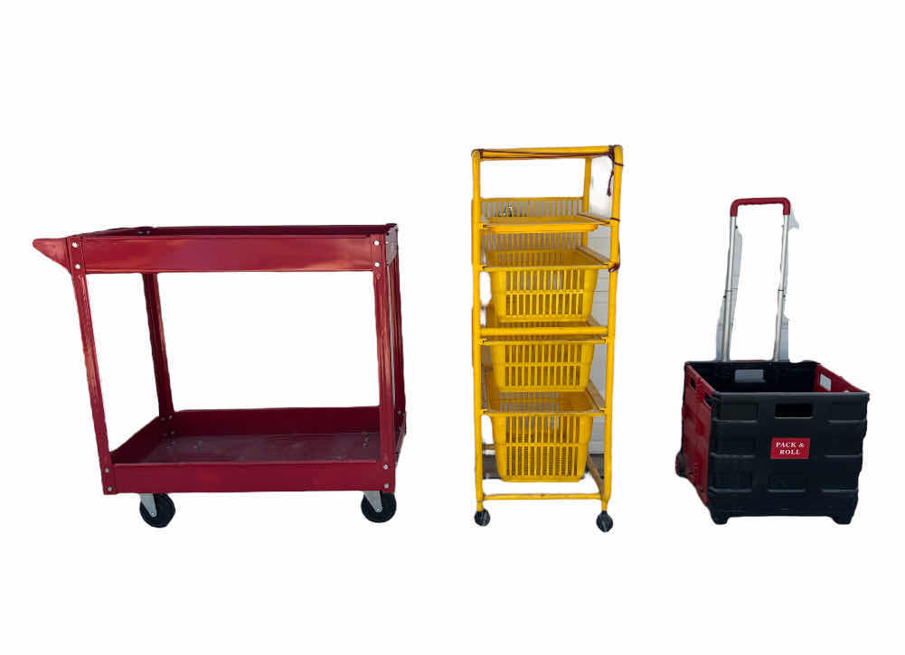Photo 1 of 3- ROLLING CARTS, METAL SHELF CART, PACK AND ROLL CART, AND 3- DRAWER ROLLING CART

H38” AND SMALLER