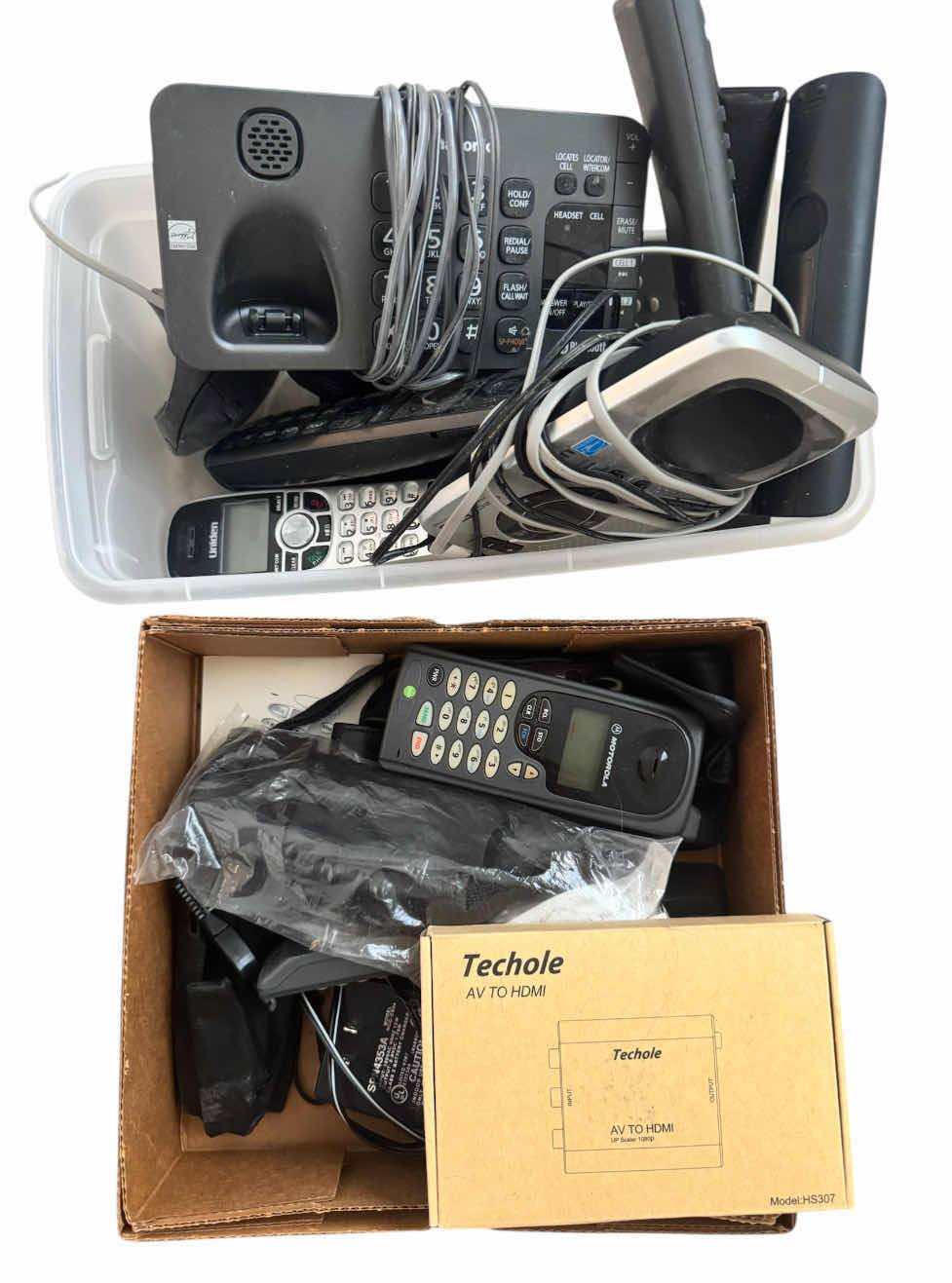 Photo 1 of VINTAGE EMERSON VHS AND DVD PLAYER, SAMSUNG ULTRA HD BLU- RAY PLAYER, ASSORTED VINTAGE PHONES