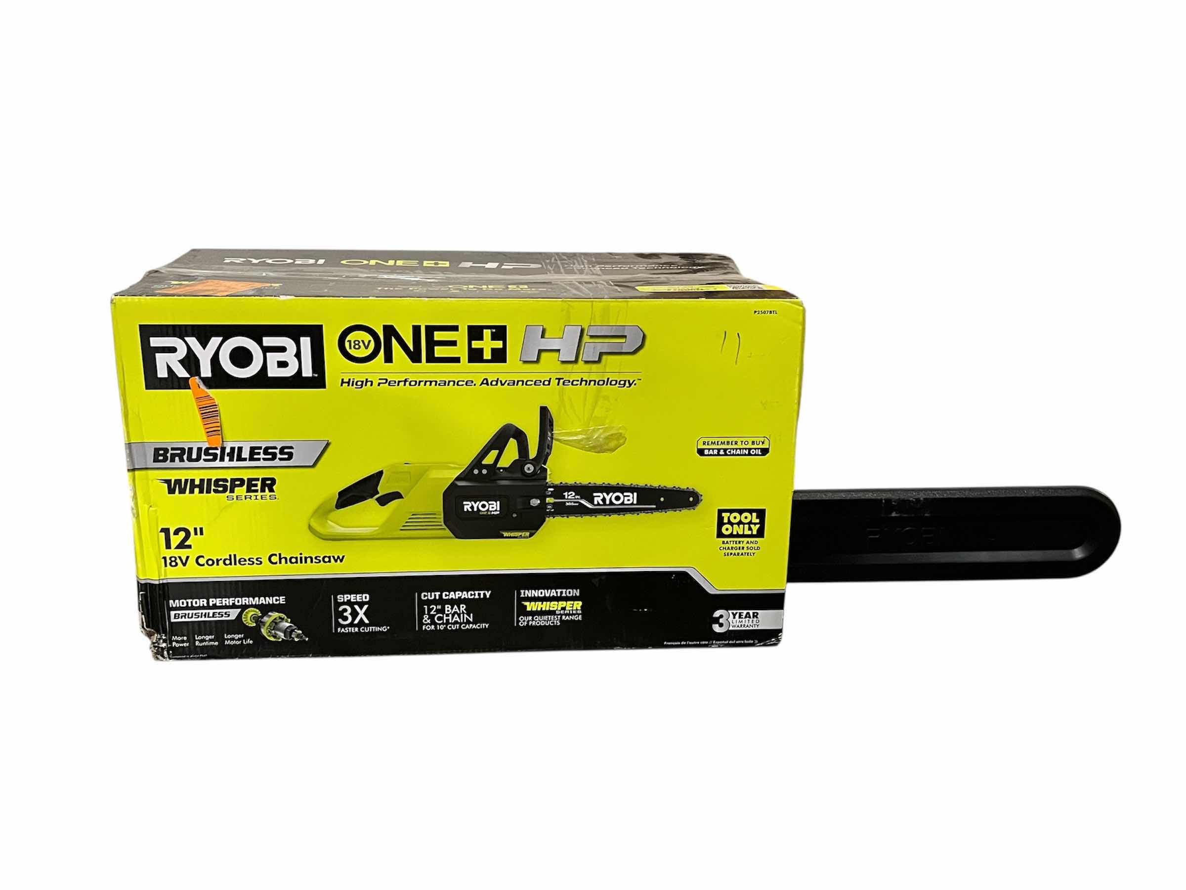 Photo 1 of NEW RYOBI 18V ONE PLUS WHISPER SERIES 12" ELECTRIC CORDLESS CHAINSAW (TOOL ONLY)