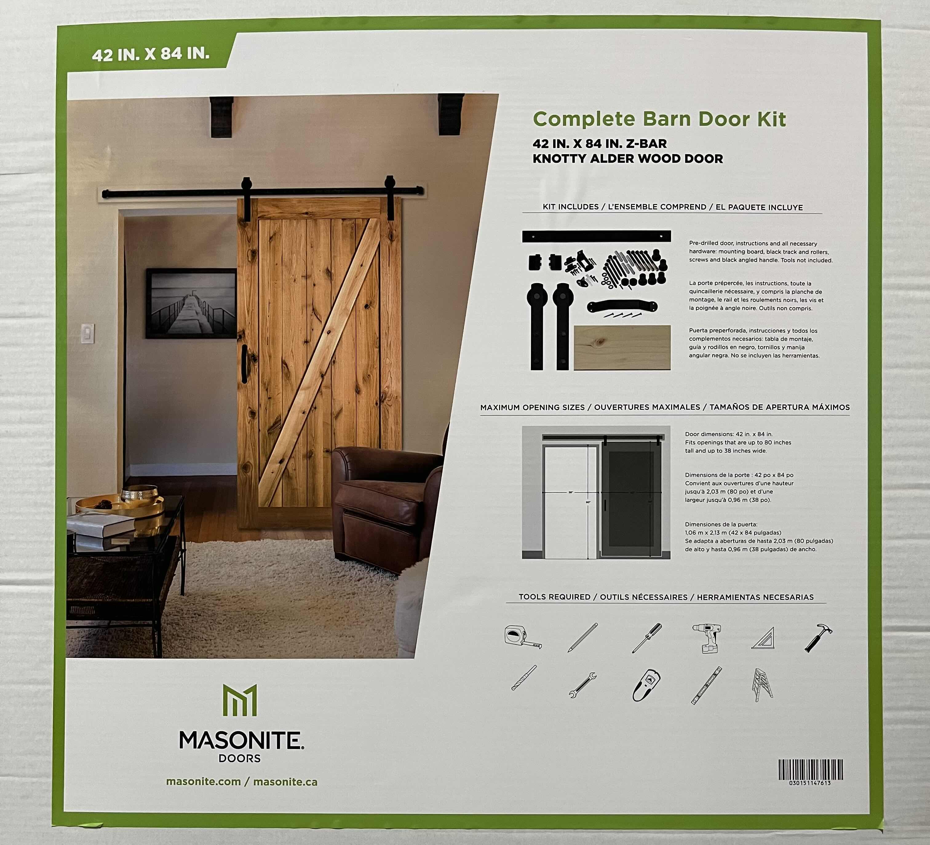 Photo 1 of NEW MASONITE Z-BAR KNOTTY ALDER WOOD COMPLETE INTERIOR BARN DOOR KIT 42” X 84”