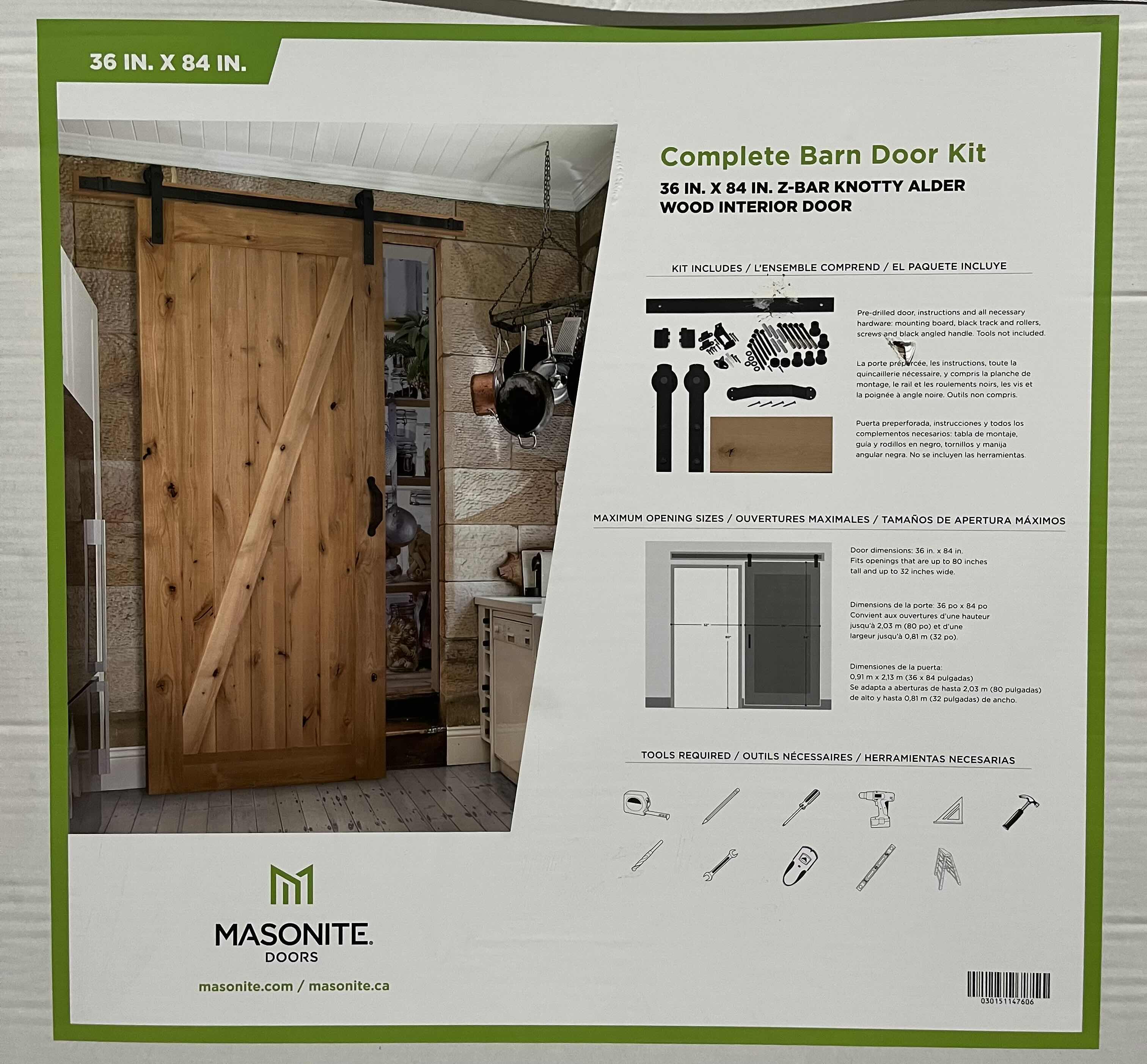 Photo 1 of NEW MASONITE Z-BAR KNOTTY ALDER WOOD COMPLETE INTERIOR BARN DOOR KIT 36” X 84”