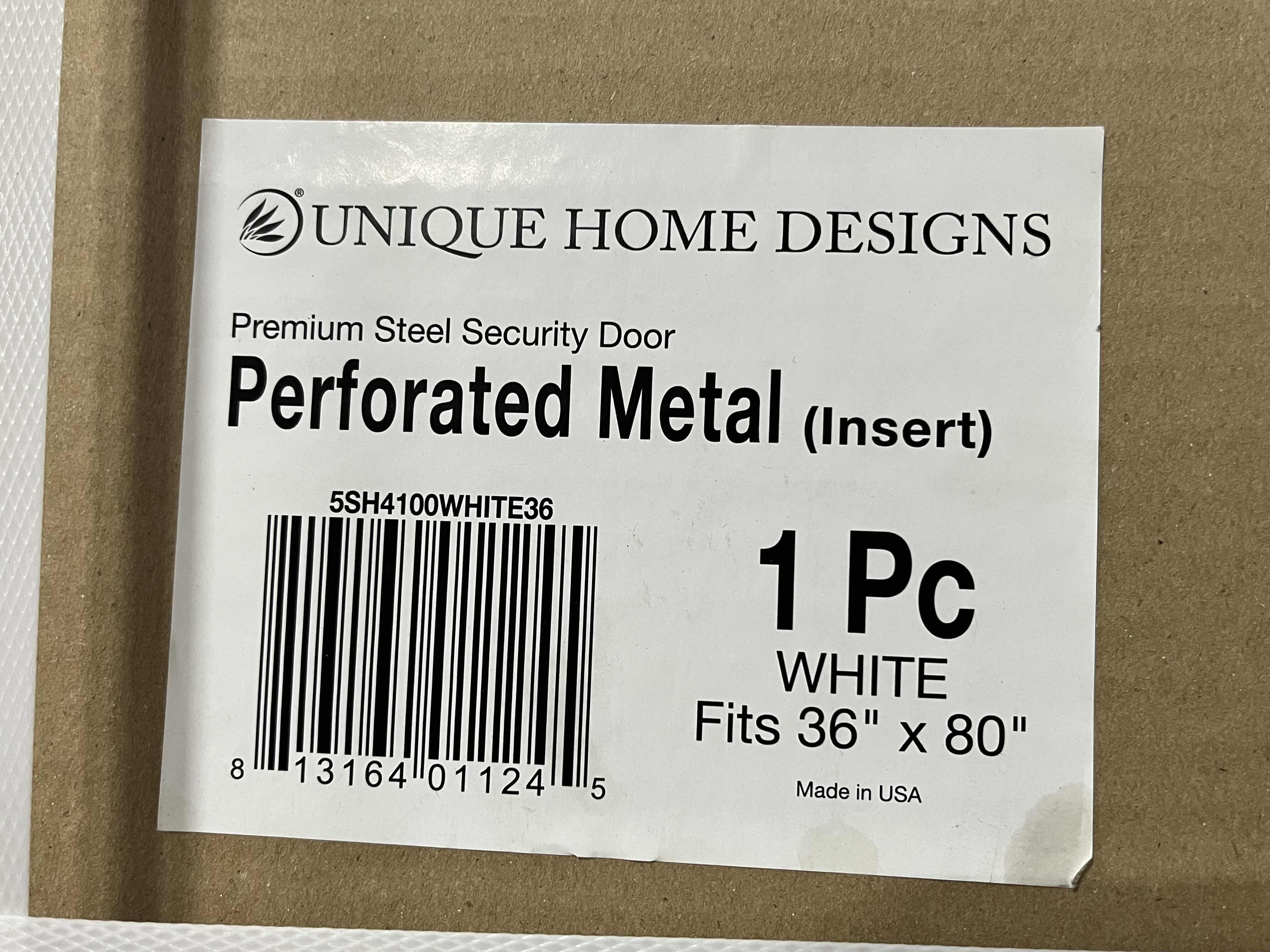 Photo 1 of UNIQUE HOME DESIGNS WHITE FINISH PREMIUM STEEL SECURITY DOOR PERFORATED METAL SCREEN INSERT 5SH4100WHITE36 36” X 80