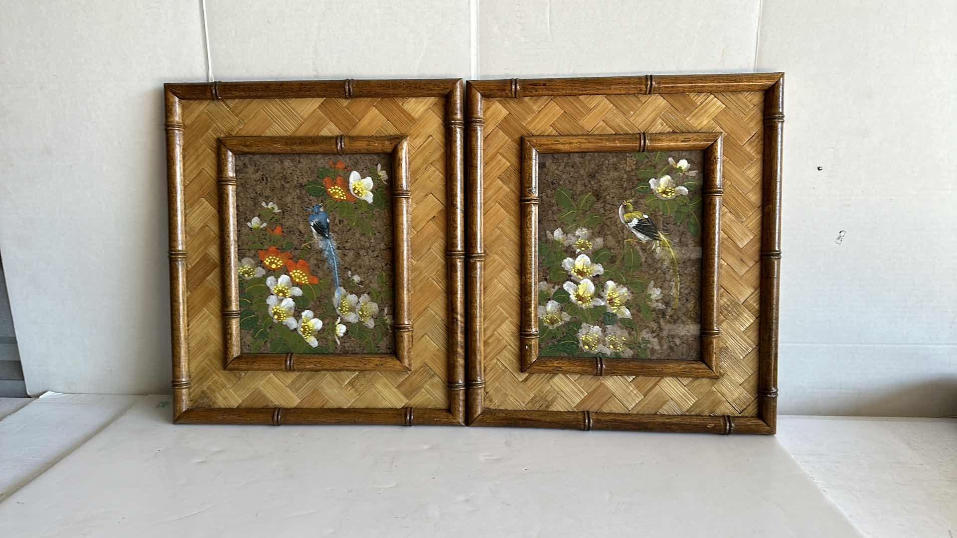 Photo 1 of BAMBOO FRAMED ARTWORK BIRDS IN FLOWERS TWO PIECES 13” X 15”
