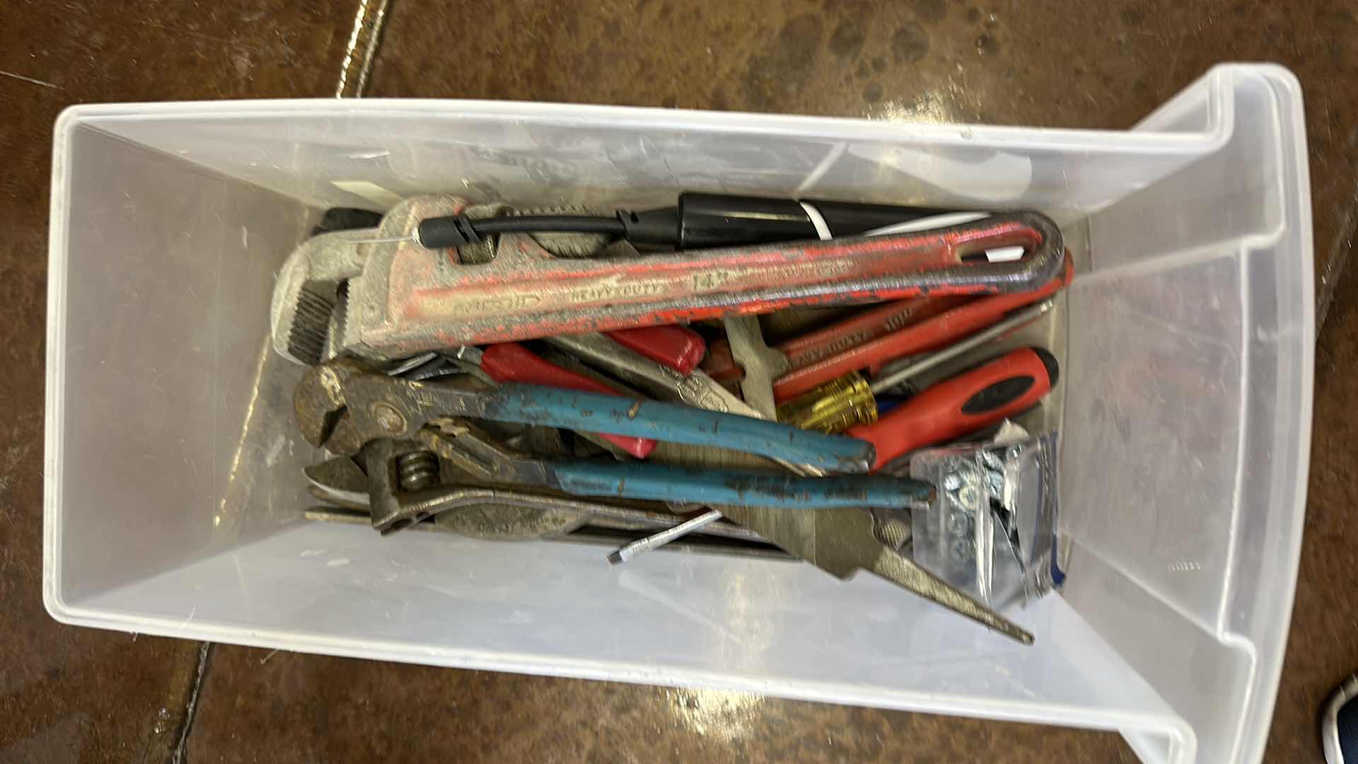 Photo 1 of BOX OF TOOLS,WRENCHS,PLIERS,SCREWDRIVERS VARIOUS TOOLS