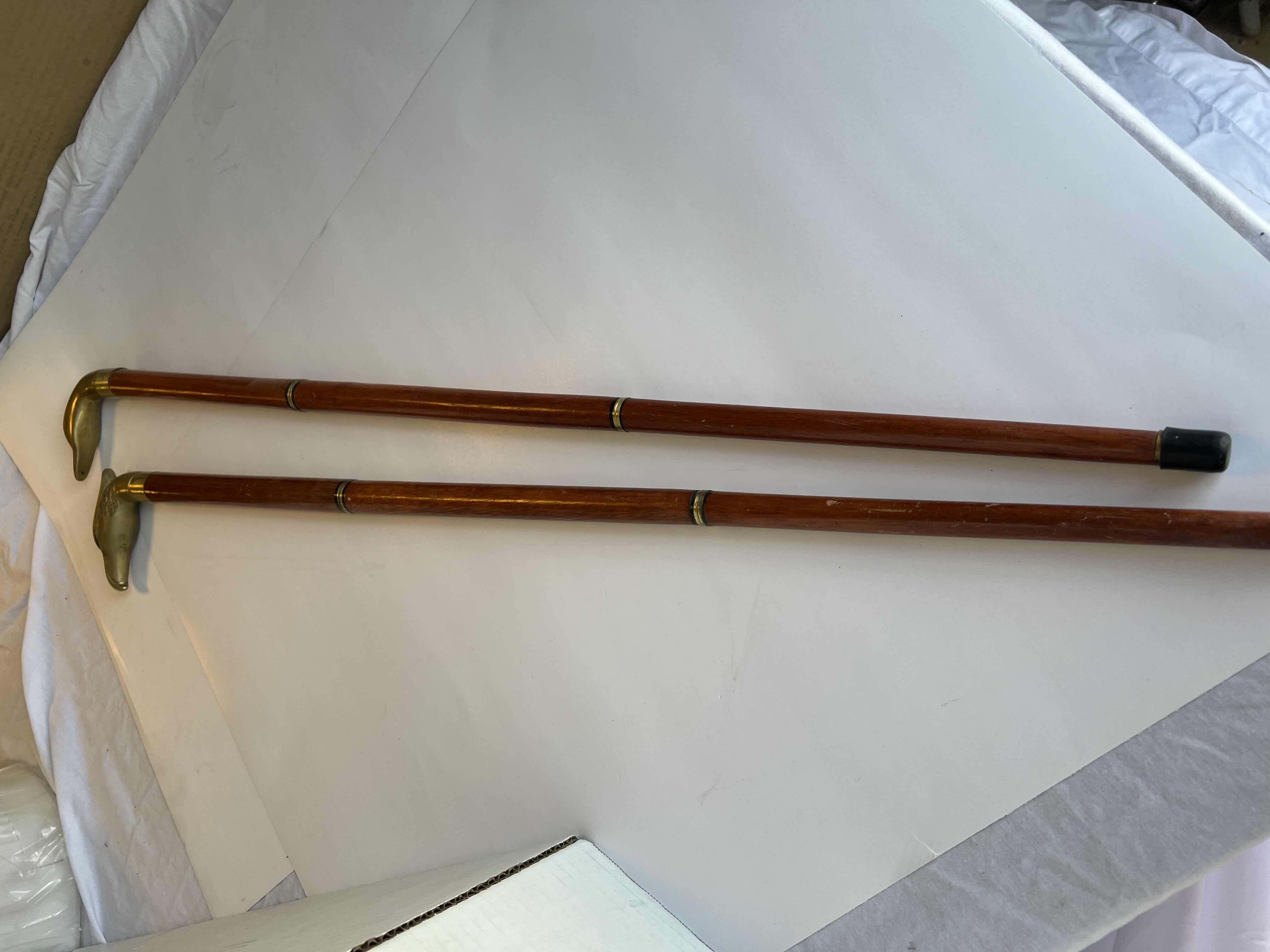 Photo 1 of 2-BRASS DUCK HEADS WOOD WALKING STICK H 33”