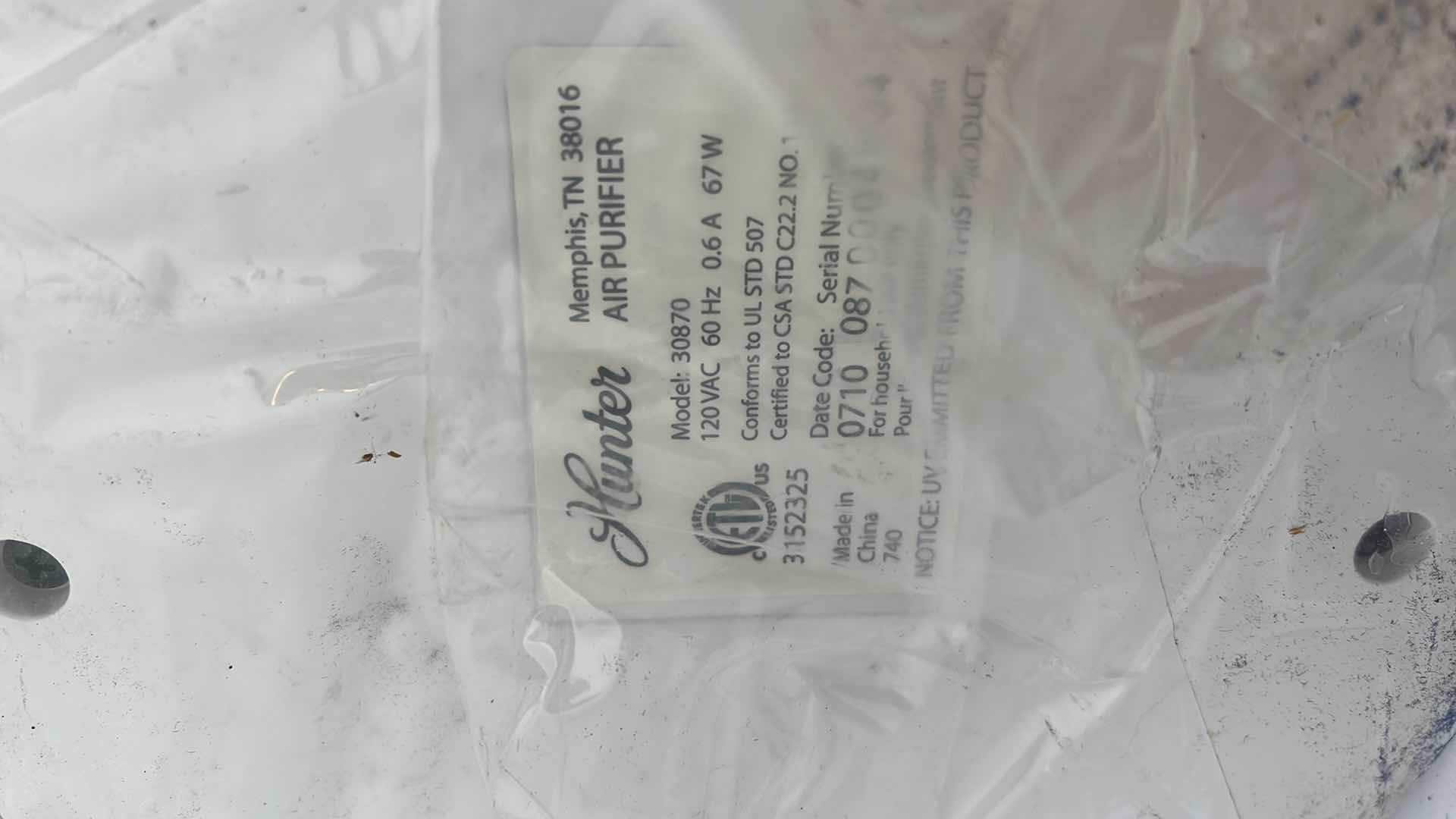 Photo 1 of BRAND NEW HUNTER 25” AIR PURIFIER IN WHITE. MODEL 30870