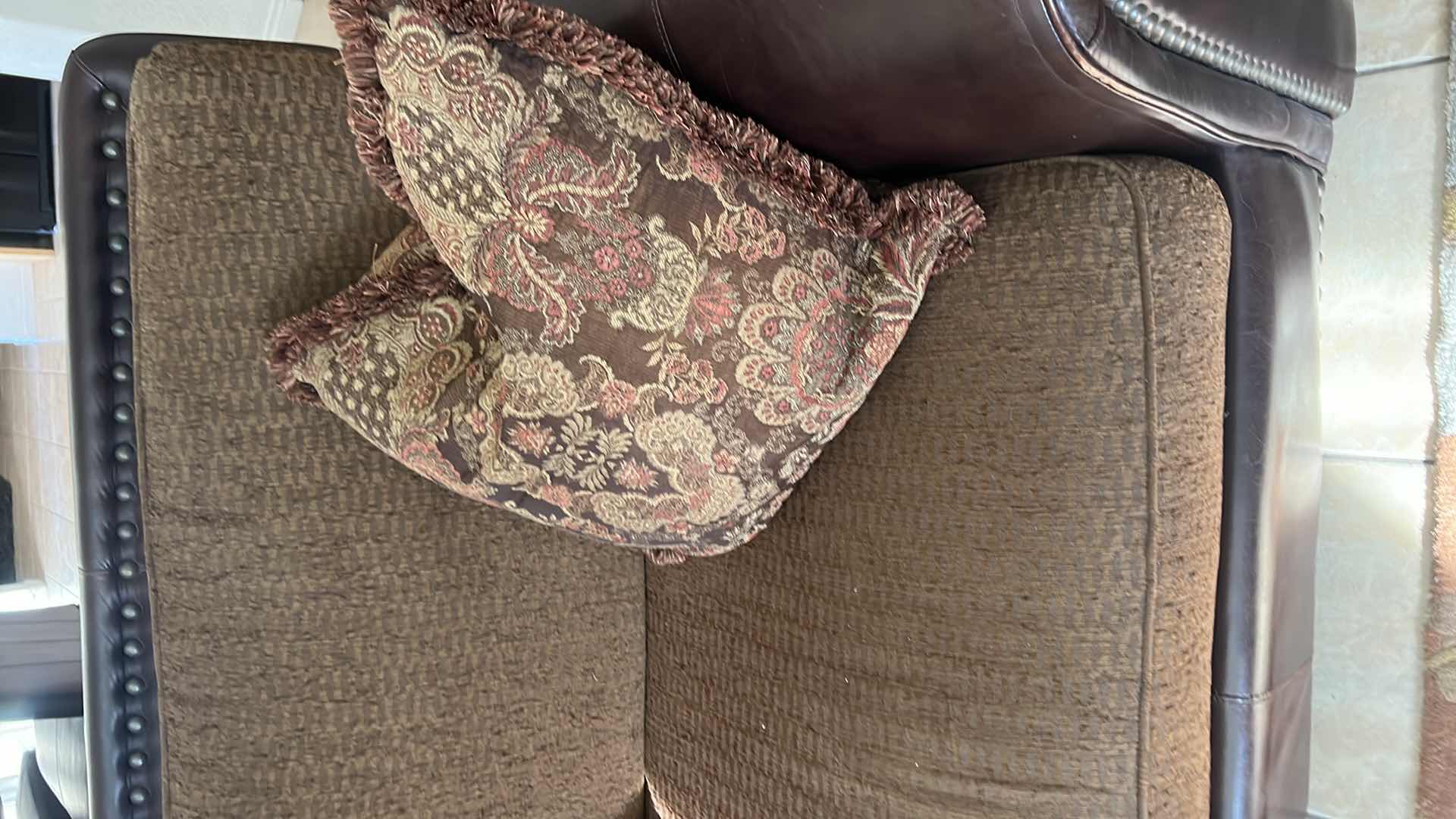 Photo 1 of BROWN LEATHER W UPHOLSTERED CUSHIONS 3 PC SECTIONAL  124" x 124"