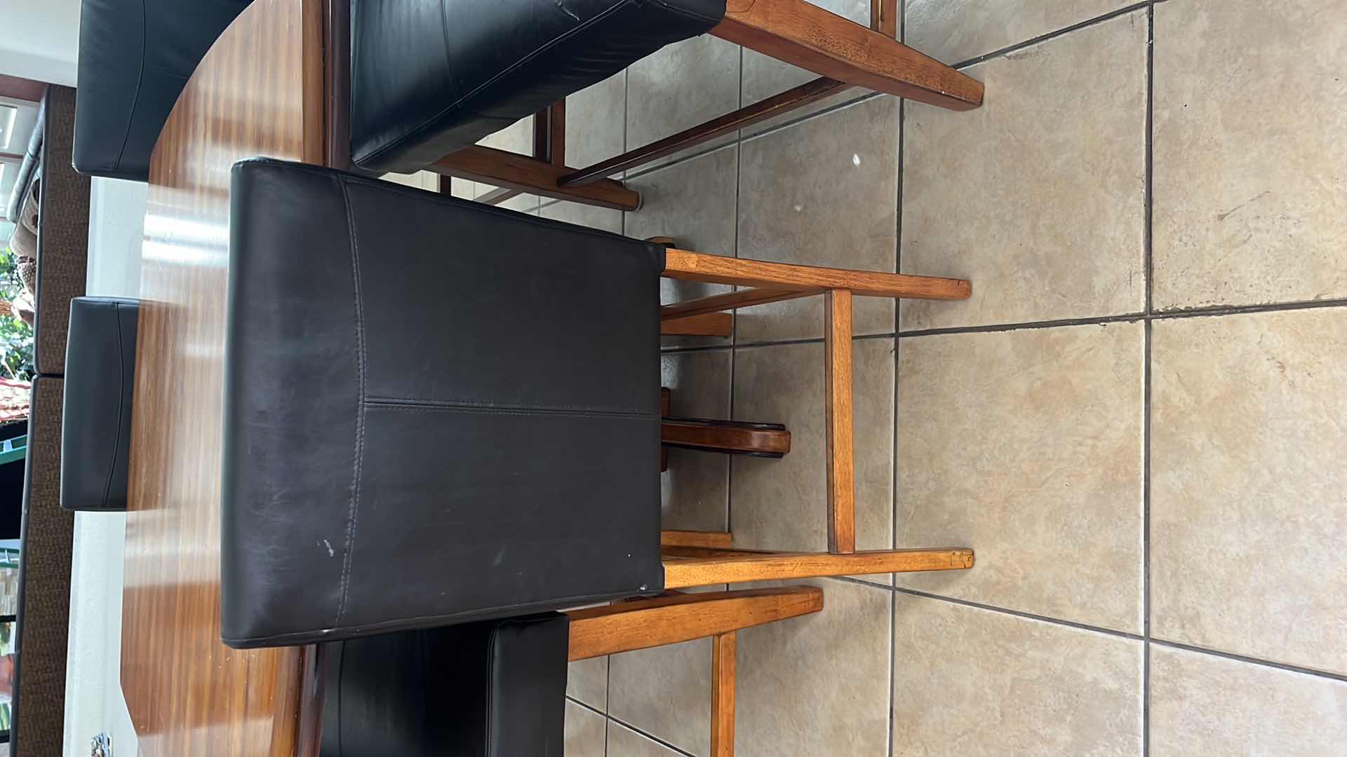 Photo 1 of 6 PCS-ASH WOOD PUB TABLE W BLACK LEATHER BENCH SEATING 47" x 47" H37"