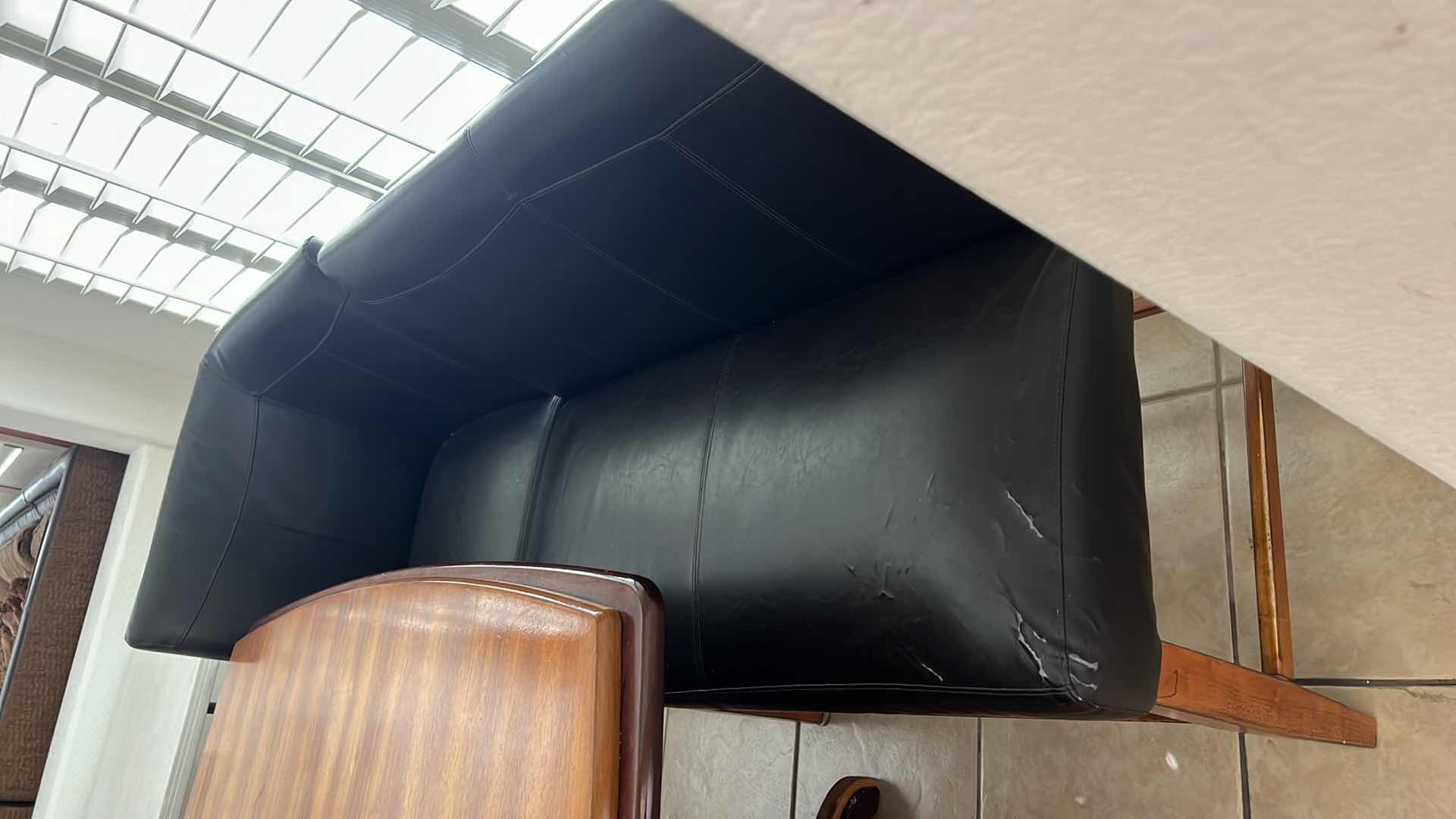 Photo 1 of 6 PCS-ASH WOOD PUB TABLE W BLACK LEATHER BENCH SEATING 47" x 47" H37"