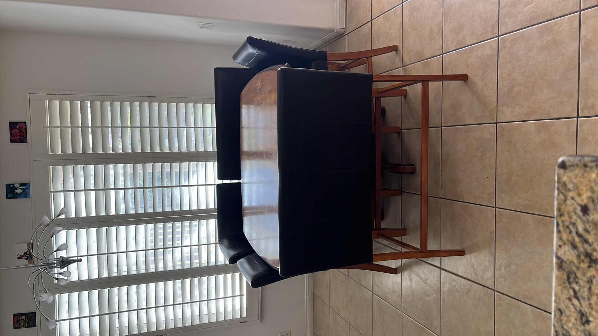 Photo 1 of 6 PCS-ASH WOOD PUB TABLE W BLACK LEATHER BENCH SEATING 47" x 47" H37"