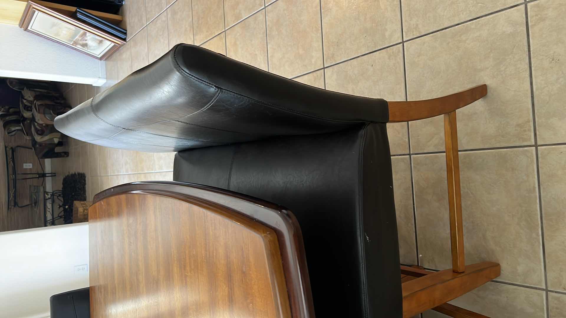 Photo 1 of 6 PCS-ASH WOOD PUB TABLE W BLACK LEATHER BENCH SEATING 47" x 47" H37"