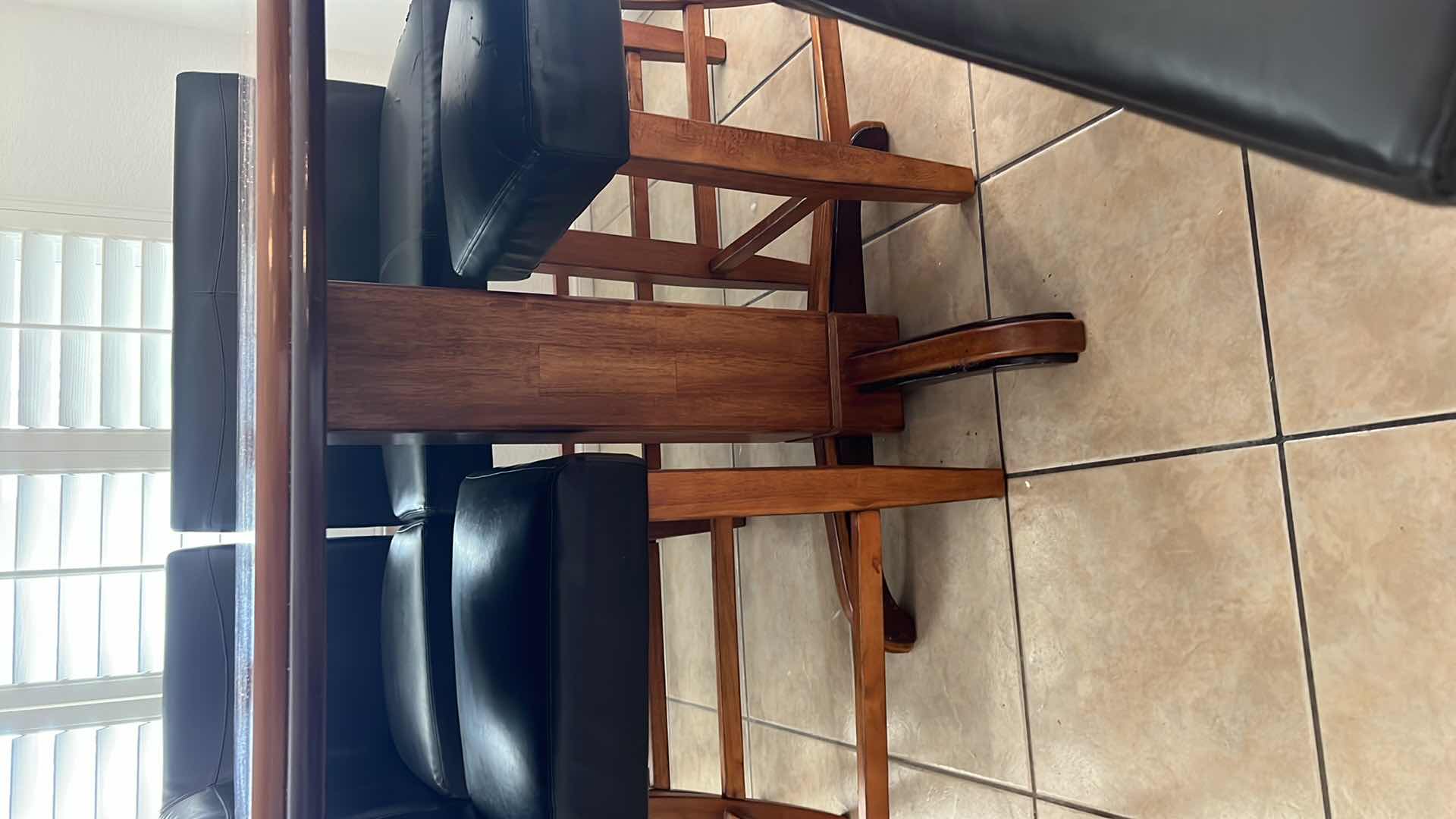 Photo 1 of 6 PCS-ASH WOOD PUB TABLE W BLACK LEATHER BENCH SEATING 47" x 47" H37"