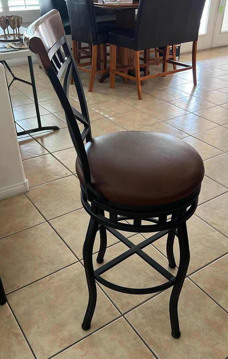 Photo 1 of BLACK IRON W ASH WOOD TRIM & FAUX LEATHER SEAT SWIVEL HIGH BACK BAR STOOL (SEAT H29")