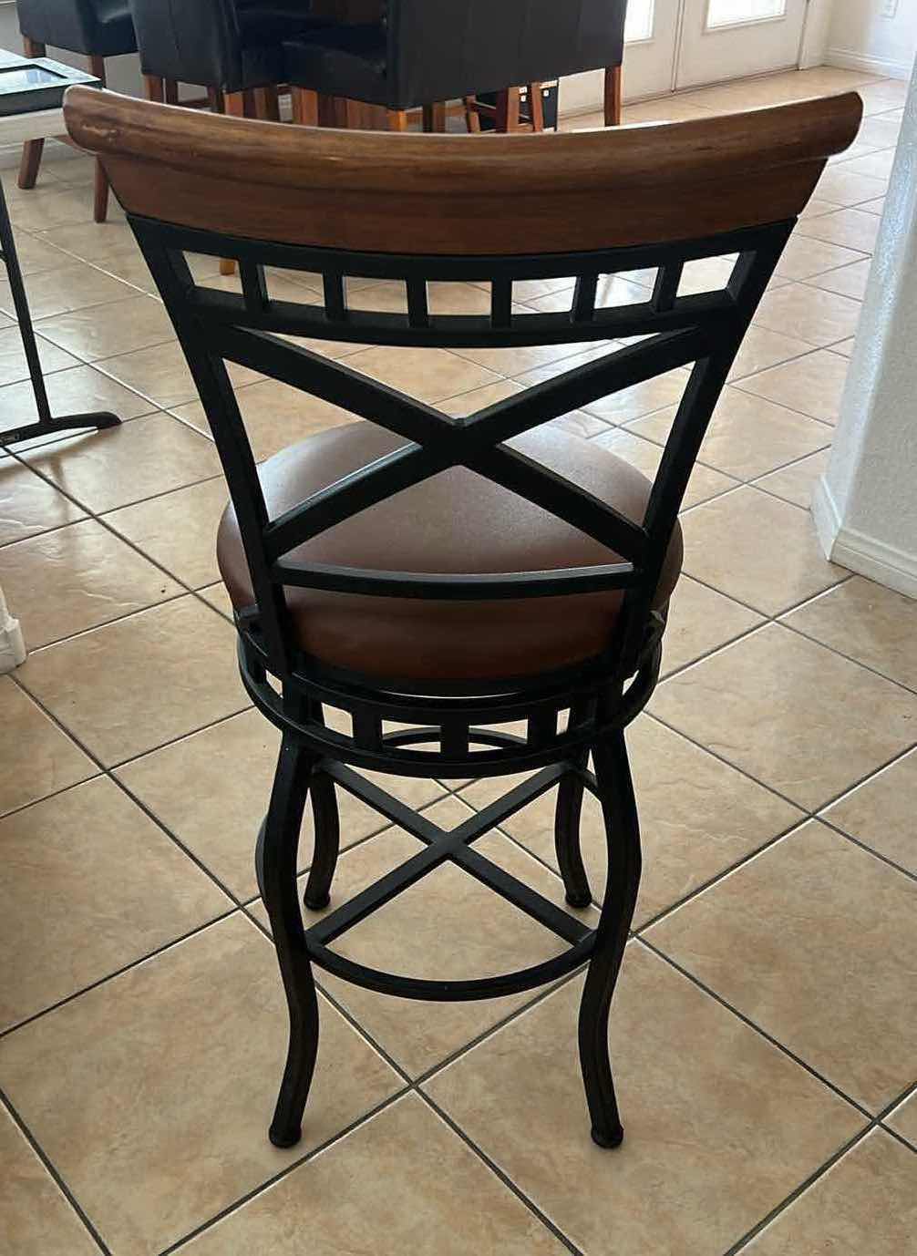 Photo 1 of BLACK IRON W ASH WOOD TRIM & FAUX LEATHER SEAT SWIVEL HIGH BACK BAR STOOL (SEAT H29")