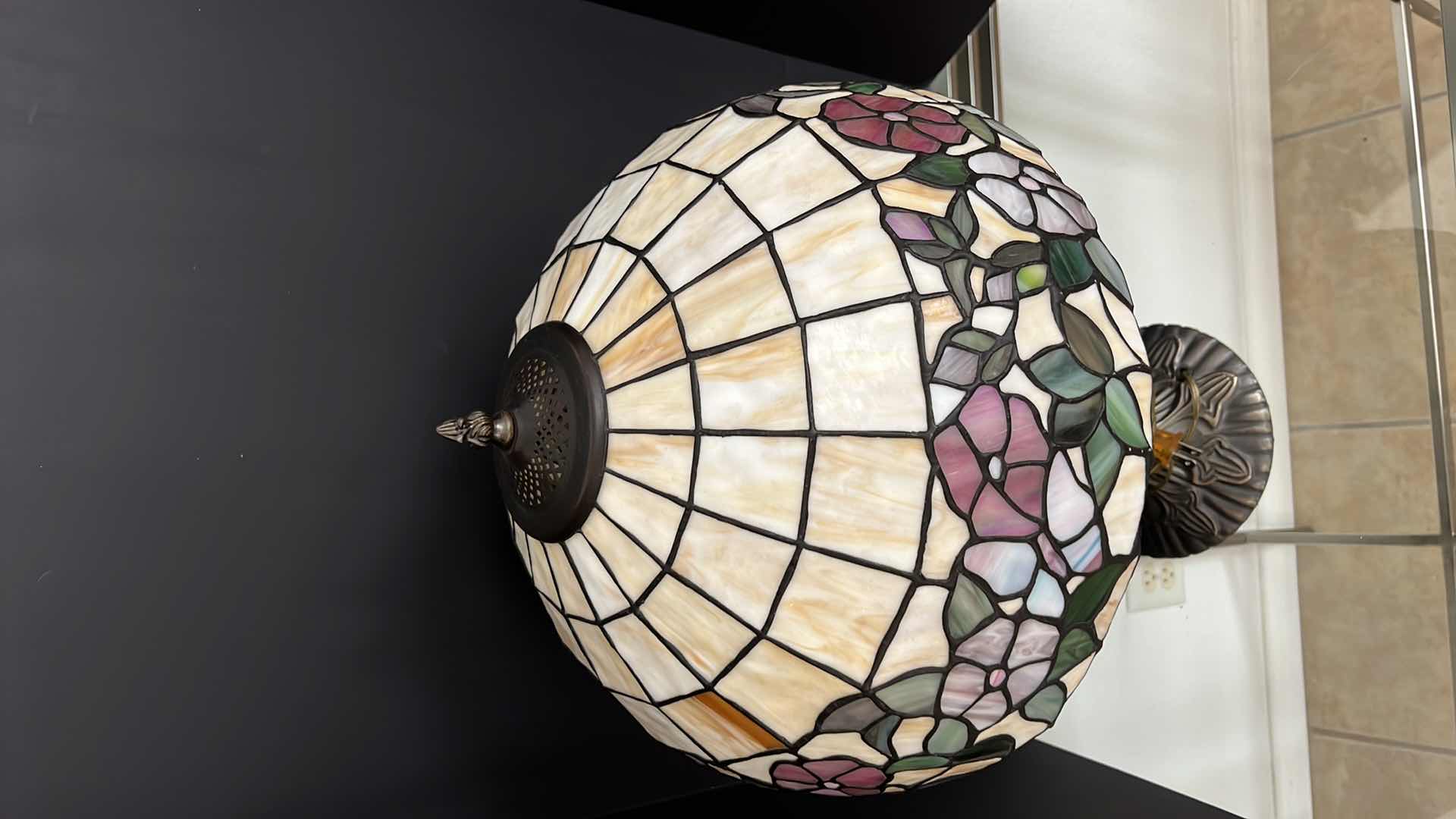 Photo 1 of TIFFANY DESIGN METAL BASE LAMP W HARD RESIN FLORAL SHADE H24"