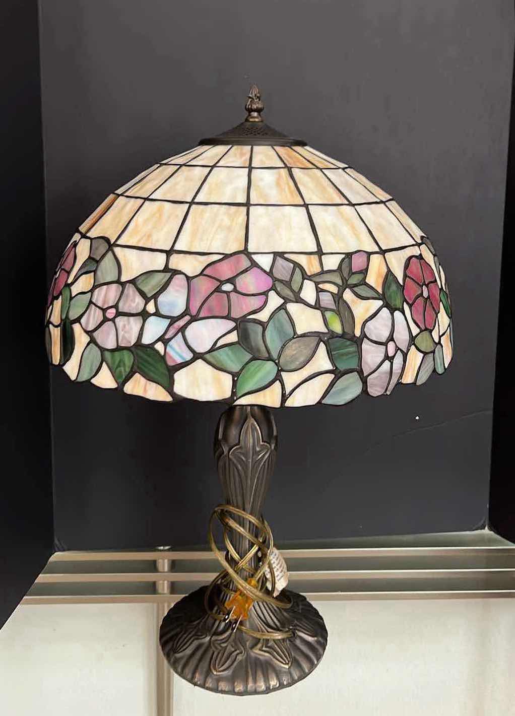 Photo 1 of TIFFANY DESIGN METAL BASE LAMP W HARD RESIN FLORAL SHADE H24"