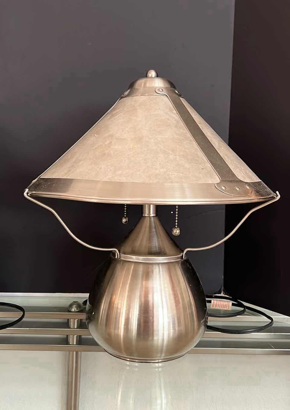 Photo 1 of 2-SILVER METAL ROUND TABLE LAMPS W SHADES H18"
