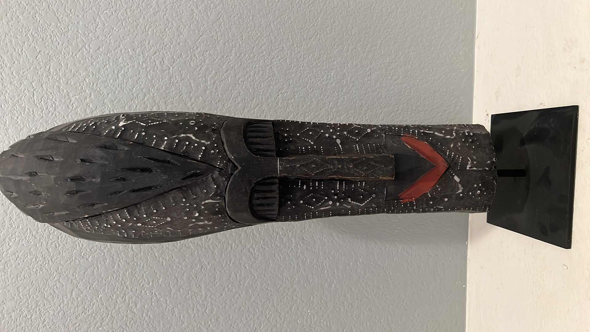 Photo 1 of CARVED WOOD AFRICAN MASK ON BLACK METAL STAND W7" H25"