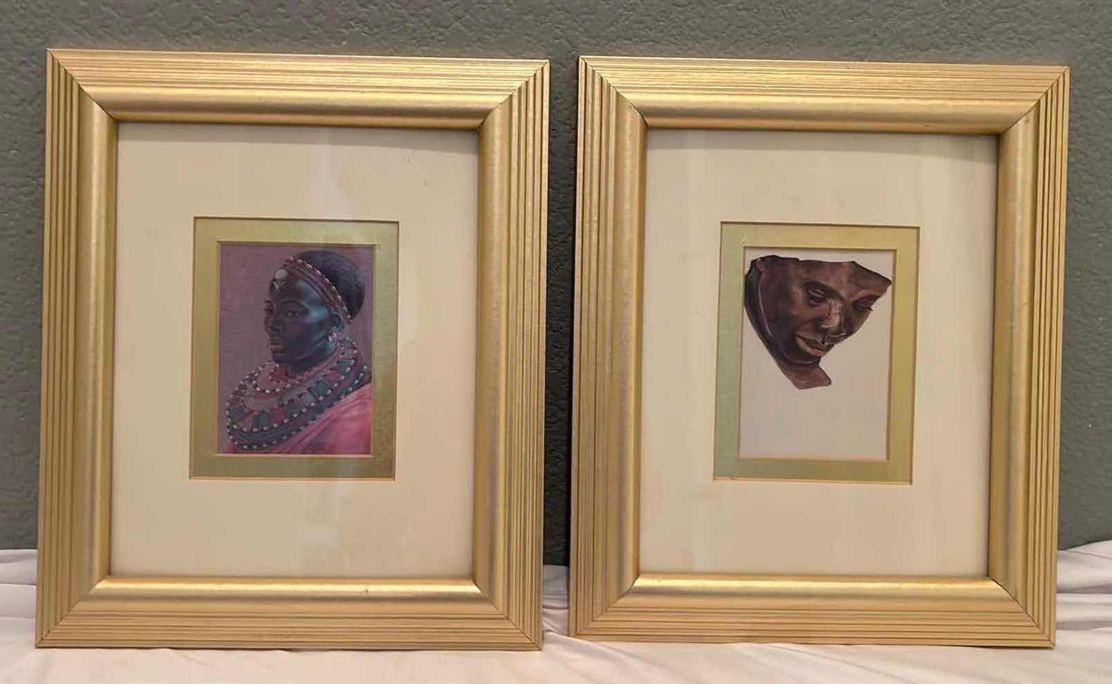 Photo 1 of 2-GOLD FRAMED "AFRICAN FIGURES" ARTWORK 11" x 13"