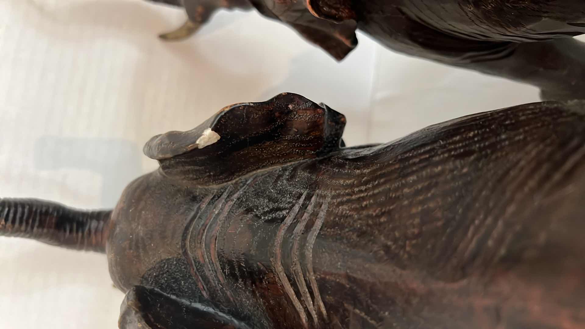 Photo 1 of 2-BLACK W COPPER RESIN ELEPHANT FIGURES W15" H13"